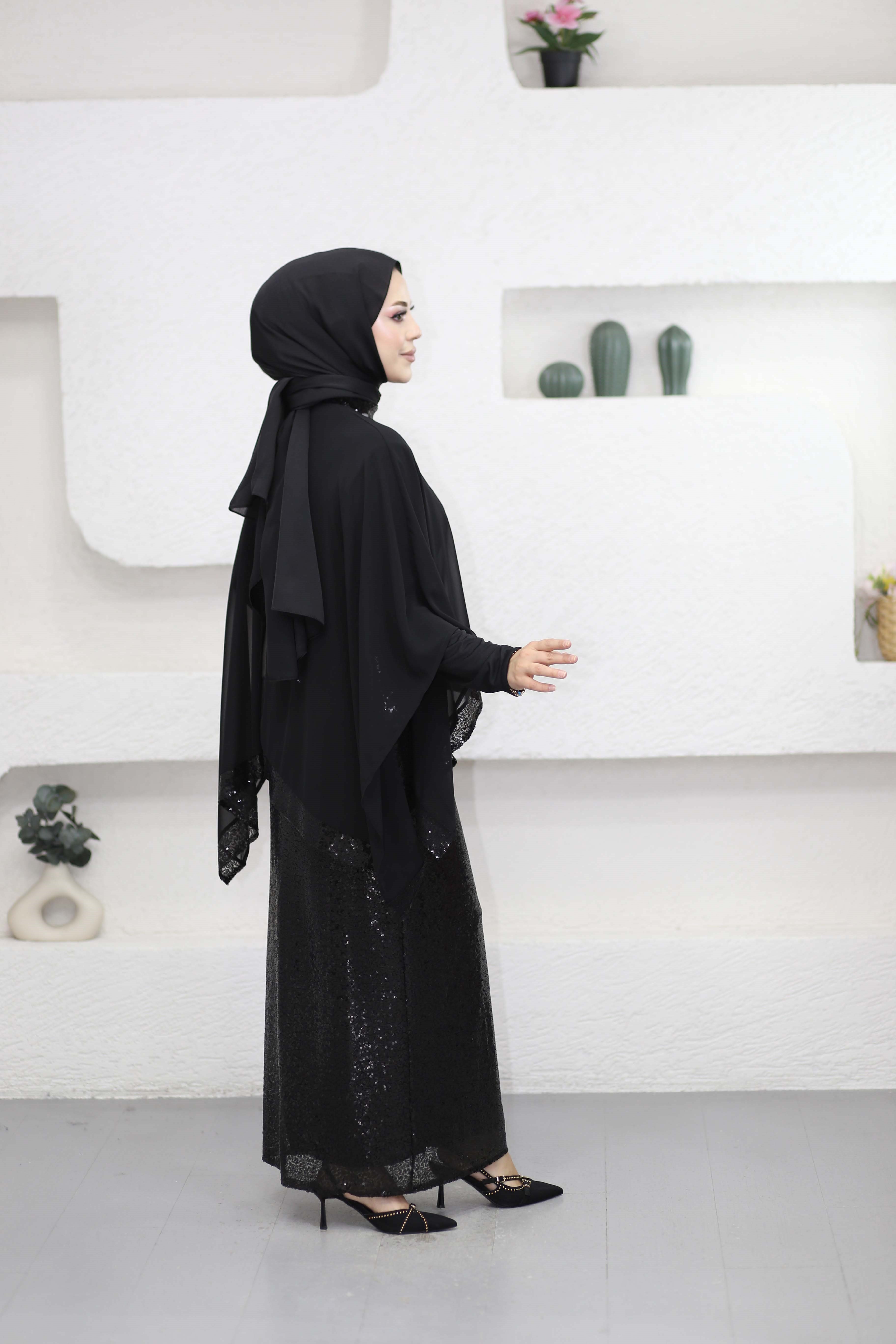 Pelerinli Payet Elbise Siyah 9449