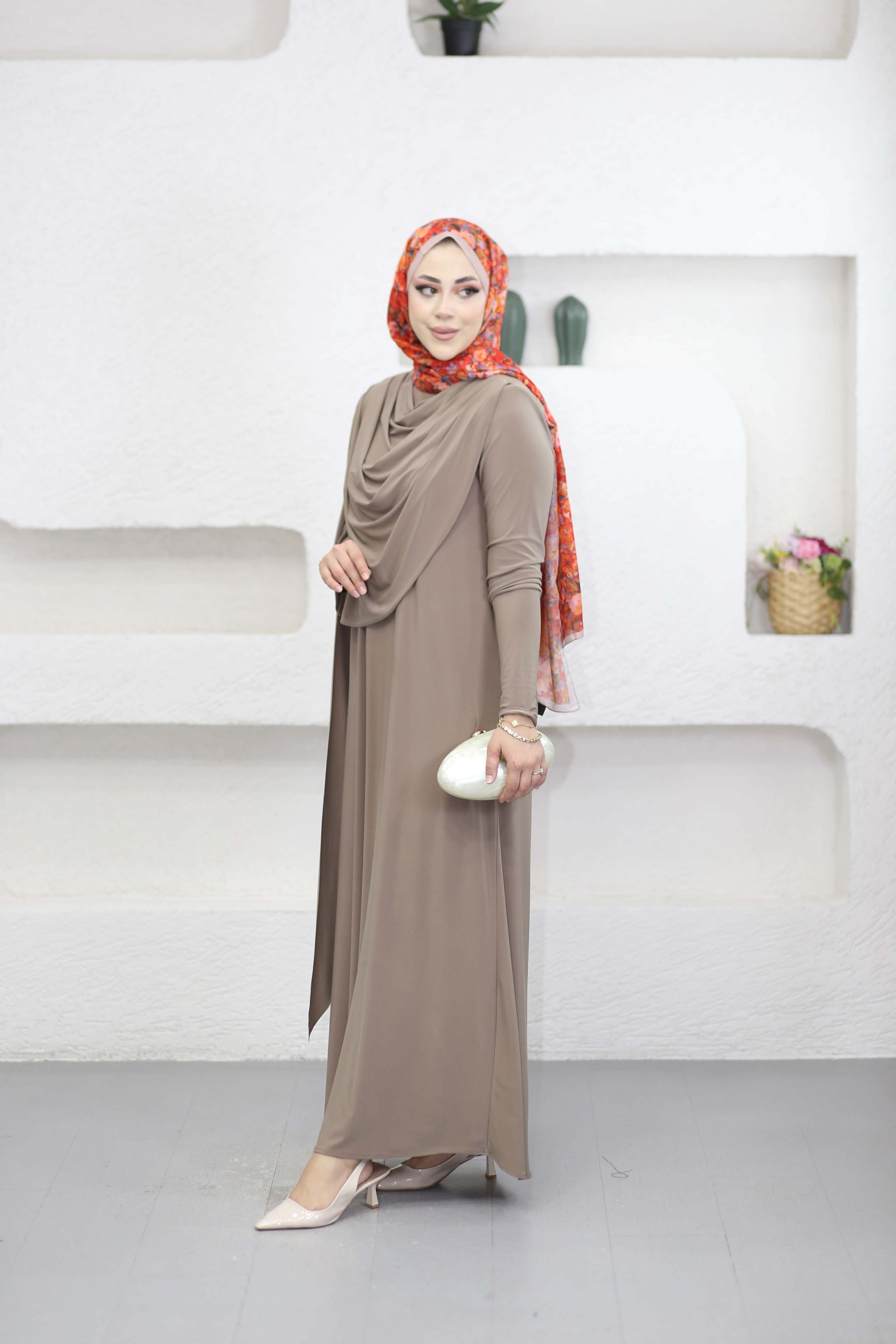 Omuz Şallı Sandy Elbise Vizon 5591