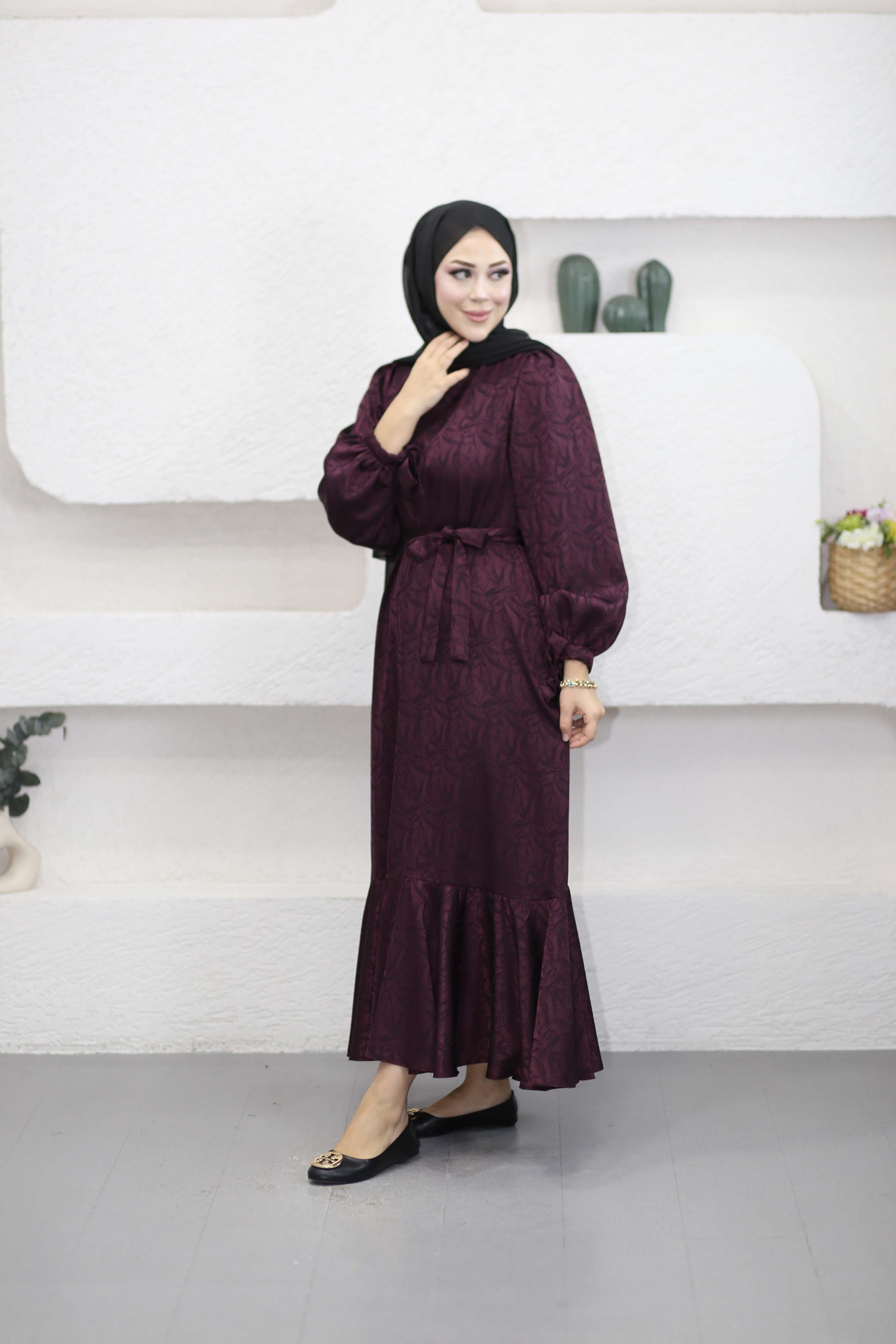 Yaprak Desenli Elbise Mürdüm 6956