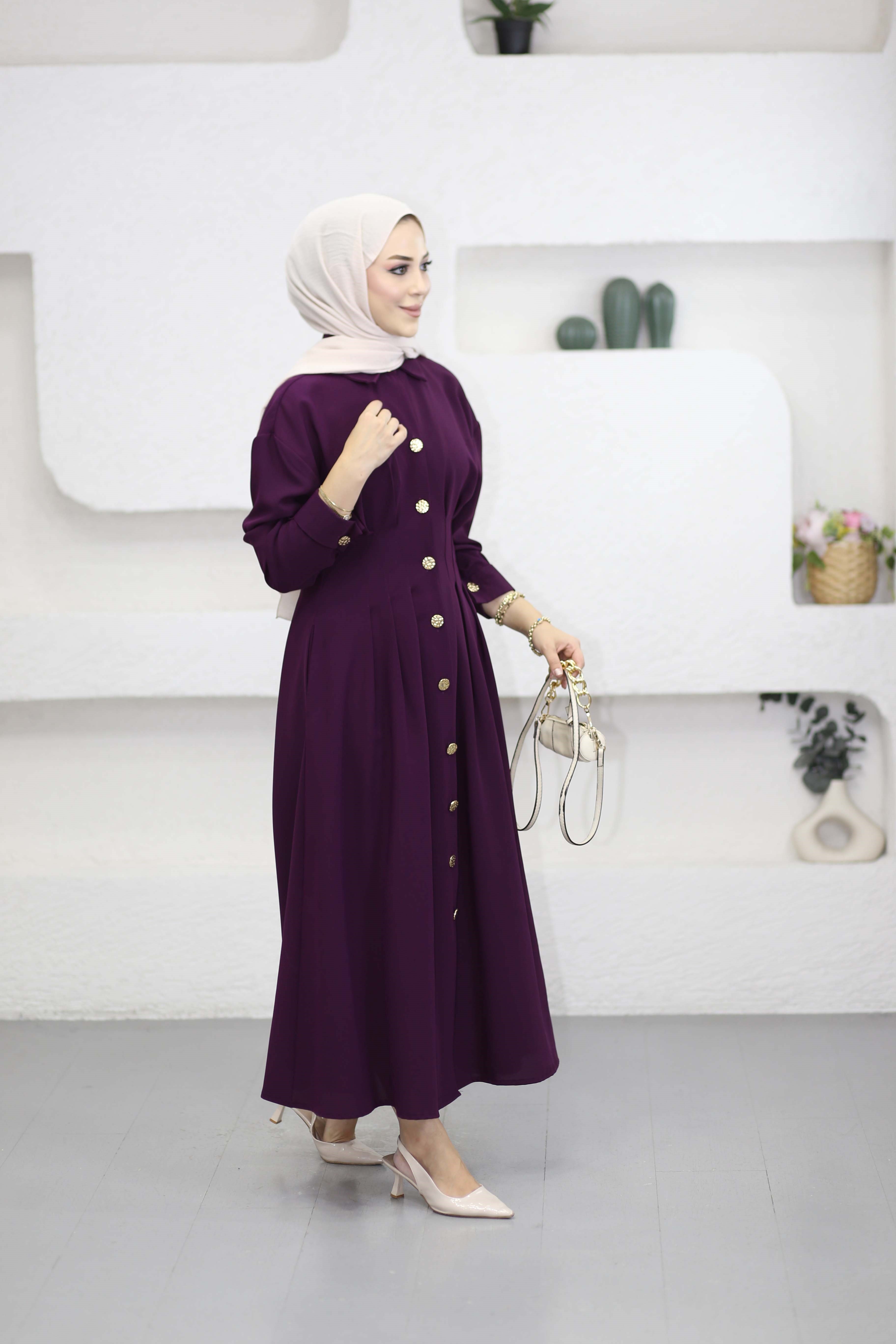 Bel Detaylı Ön Düğmeli Tencel Elbise Mor 5509