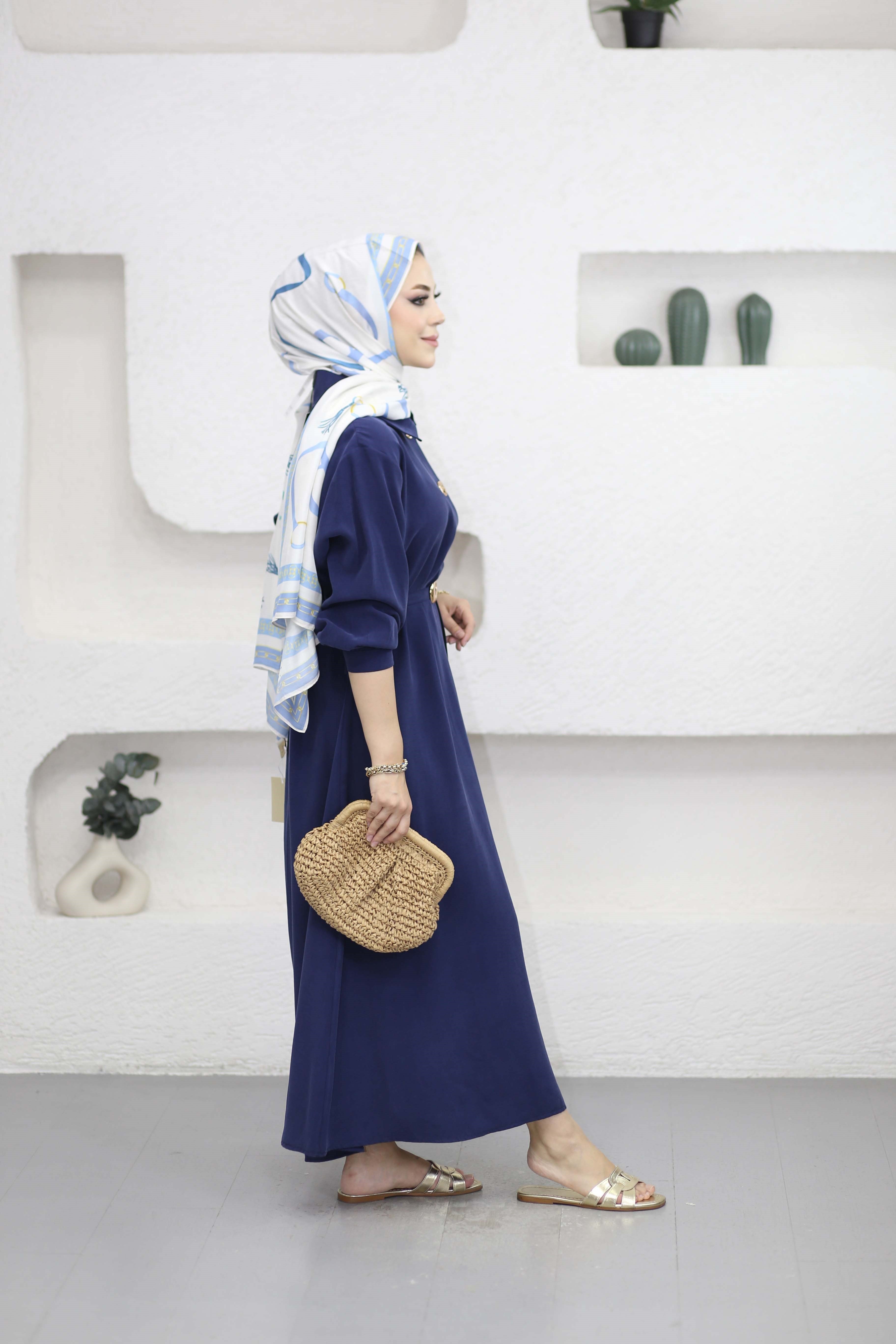 Yakalı Kemerli Elbise Lacivert 5525