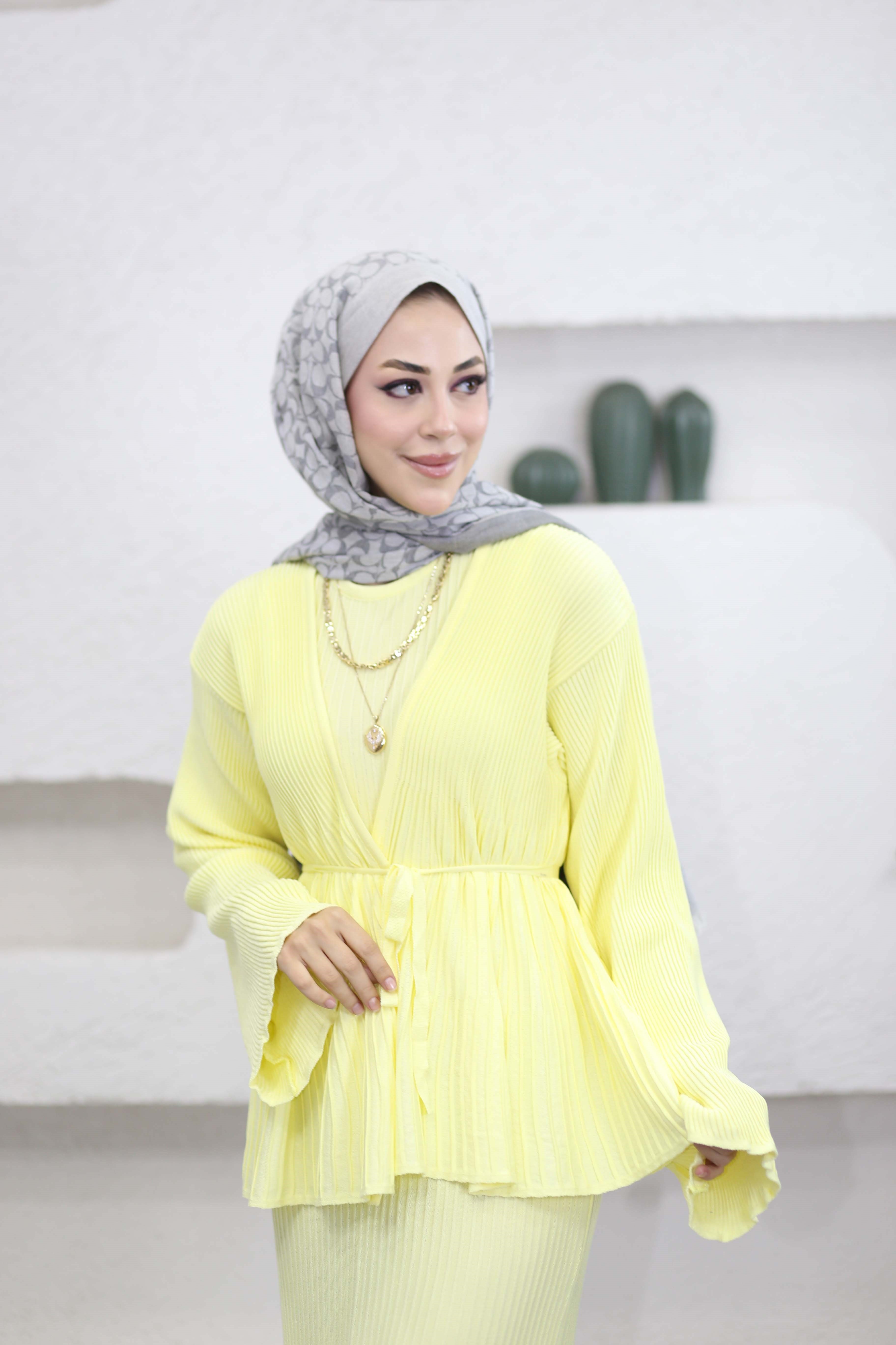 Hırkalı Fitilli Elbise Sarı 3012