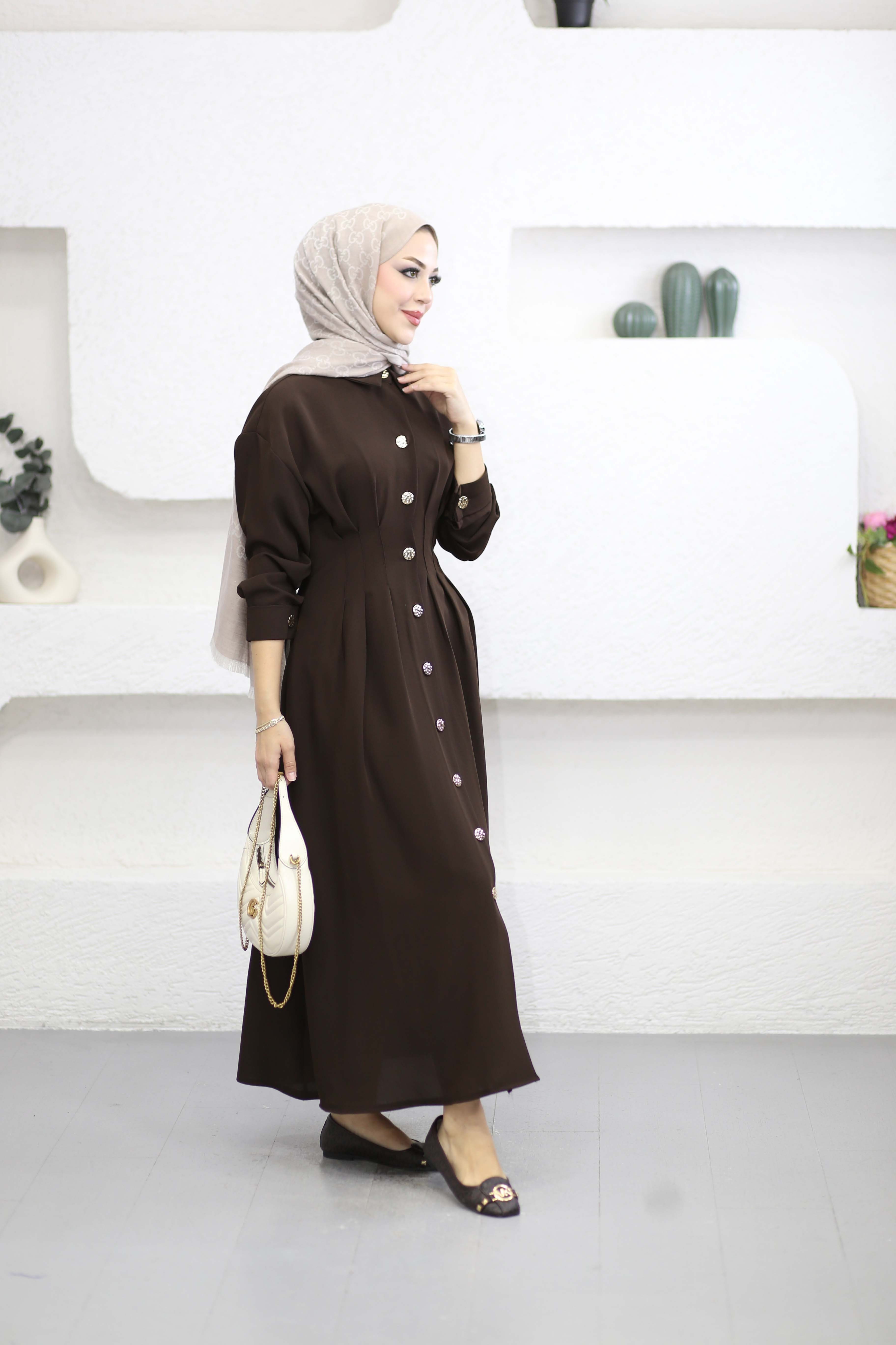 Bel Detaylı Ön Düğmeli Tencel Elbise Kahverengi 5509