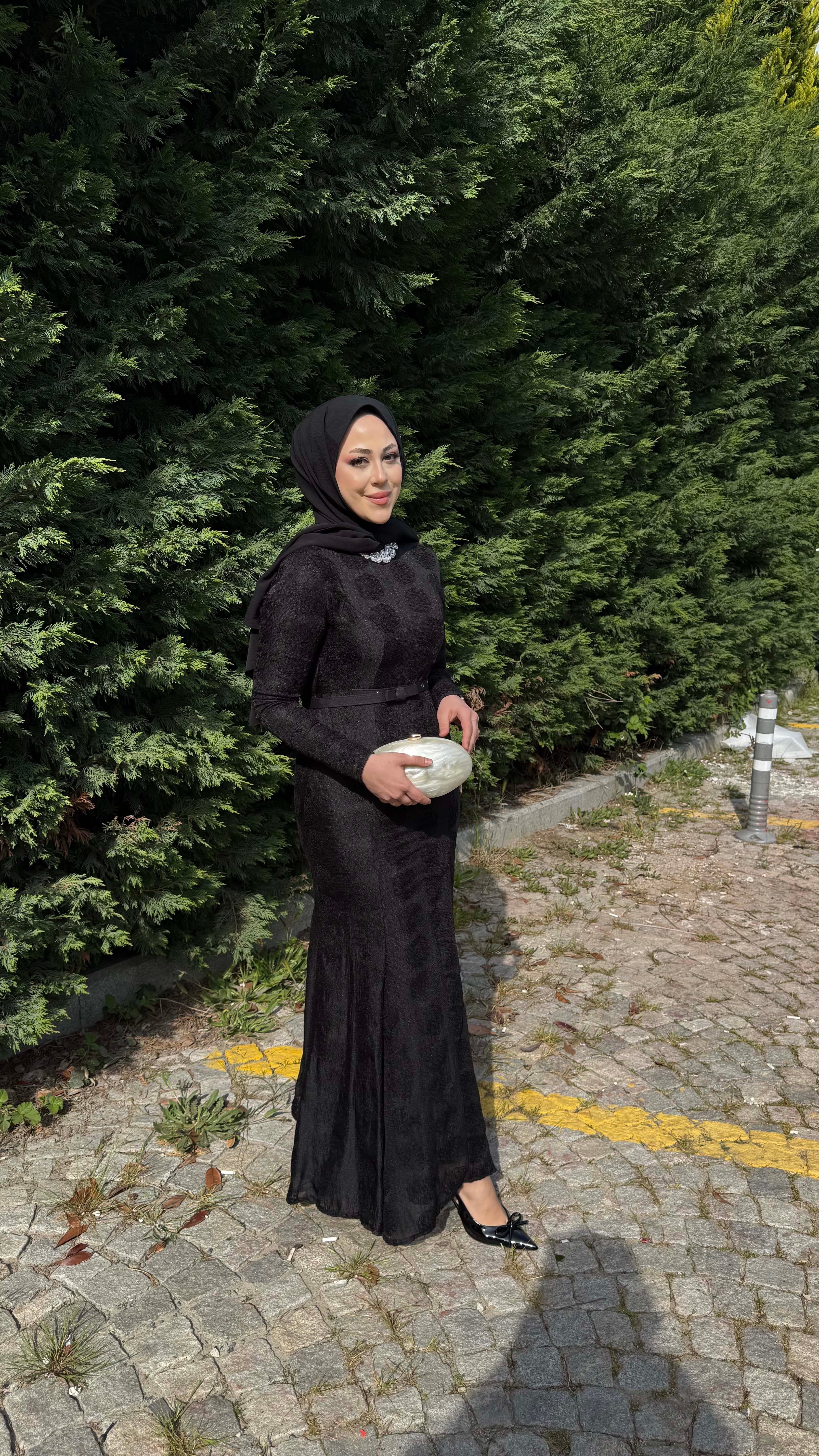 İnci Yaka Güpür Elbise Siyah 5775