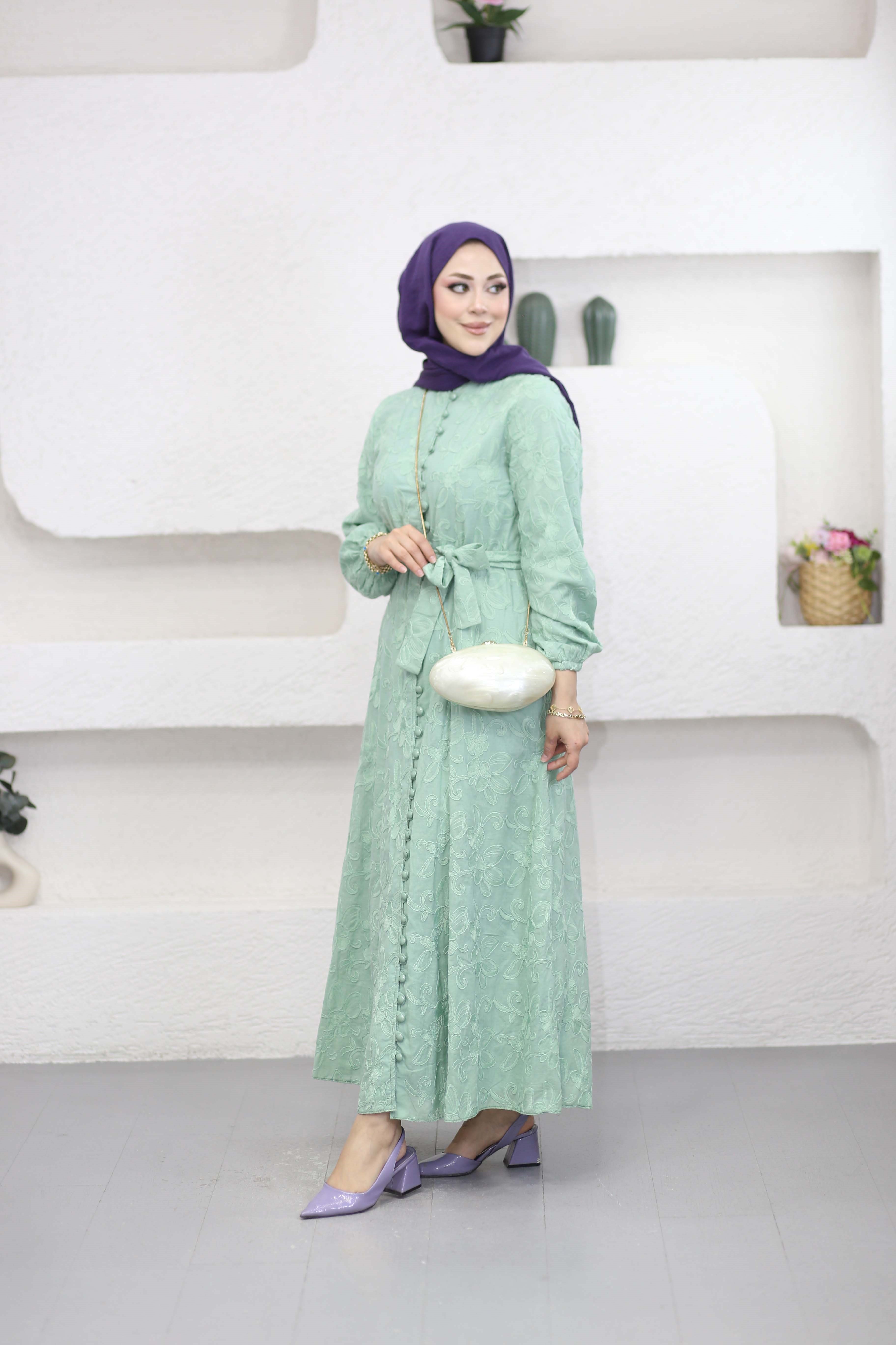 Desenli Asya Elbise Yeşil 5345