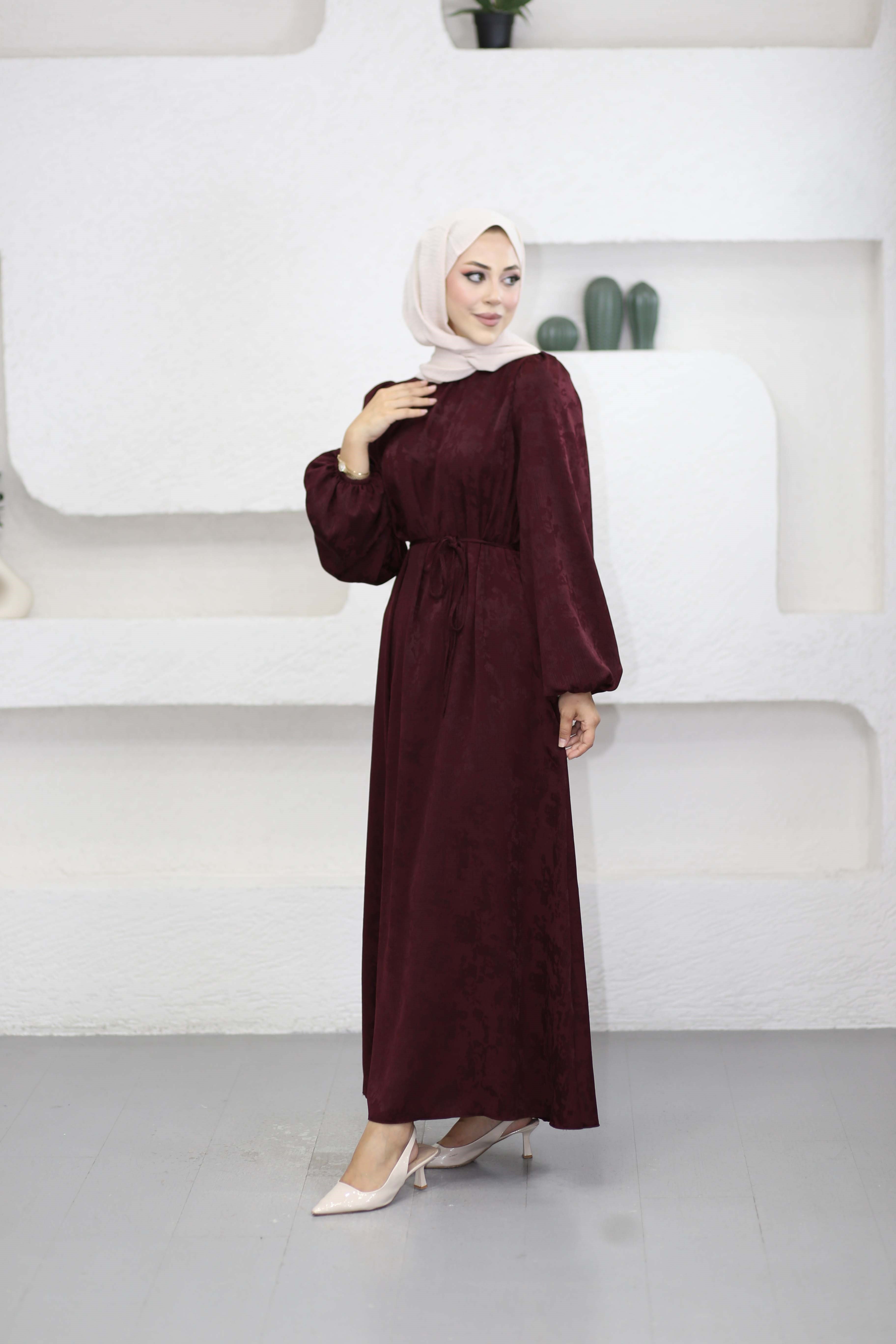 Balon Kol Kendinden Desenli Elbise Bordo 9848