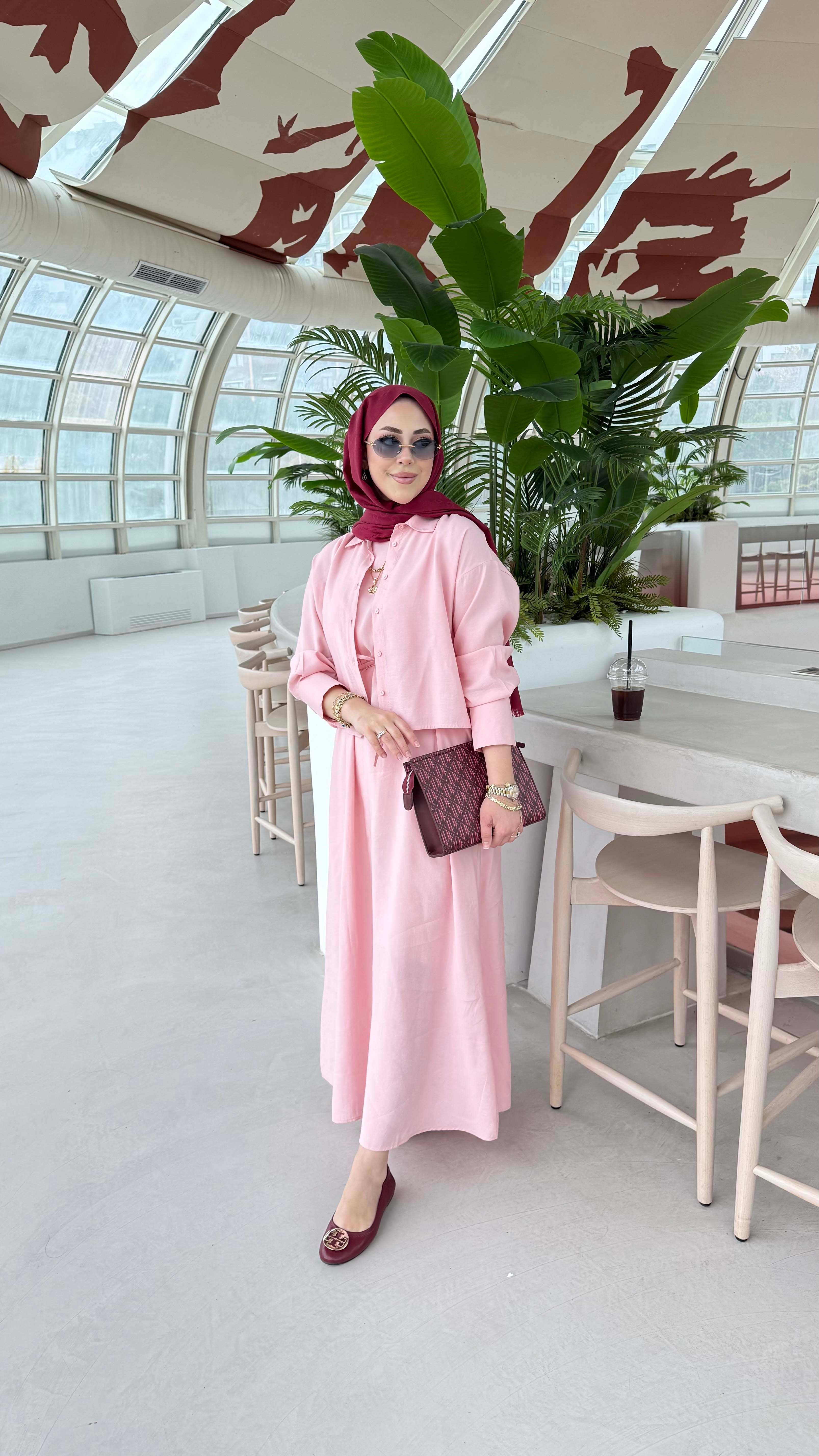 Beli Kuşaklı İkili Elbise Şeker Pembe 2770