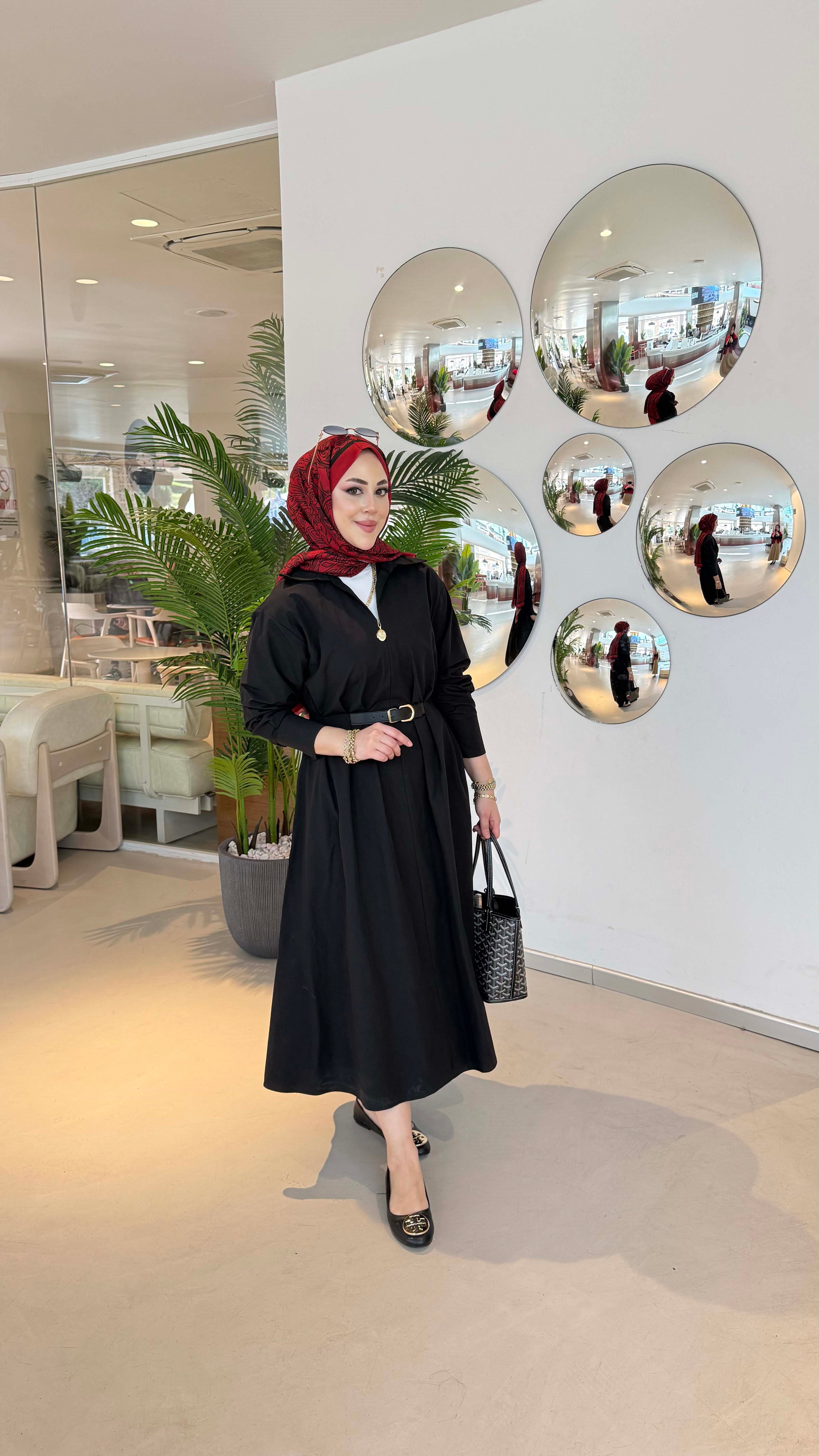 Beli Lastikli Kemer Detaylı Gömlek Elbise Siyah 5518