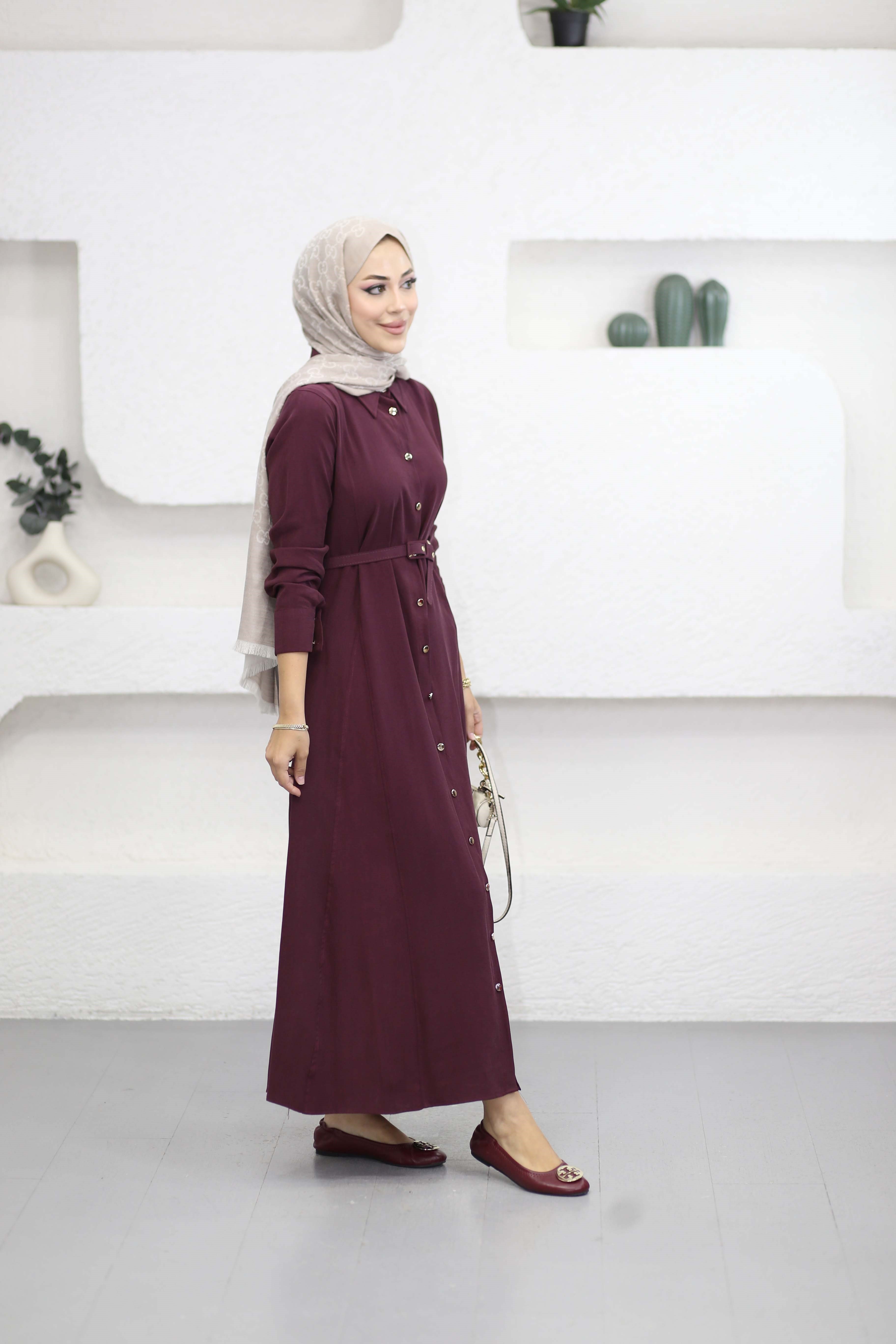 Düğmeli Tencel Gömlek Elbise Bordo 5499