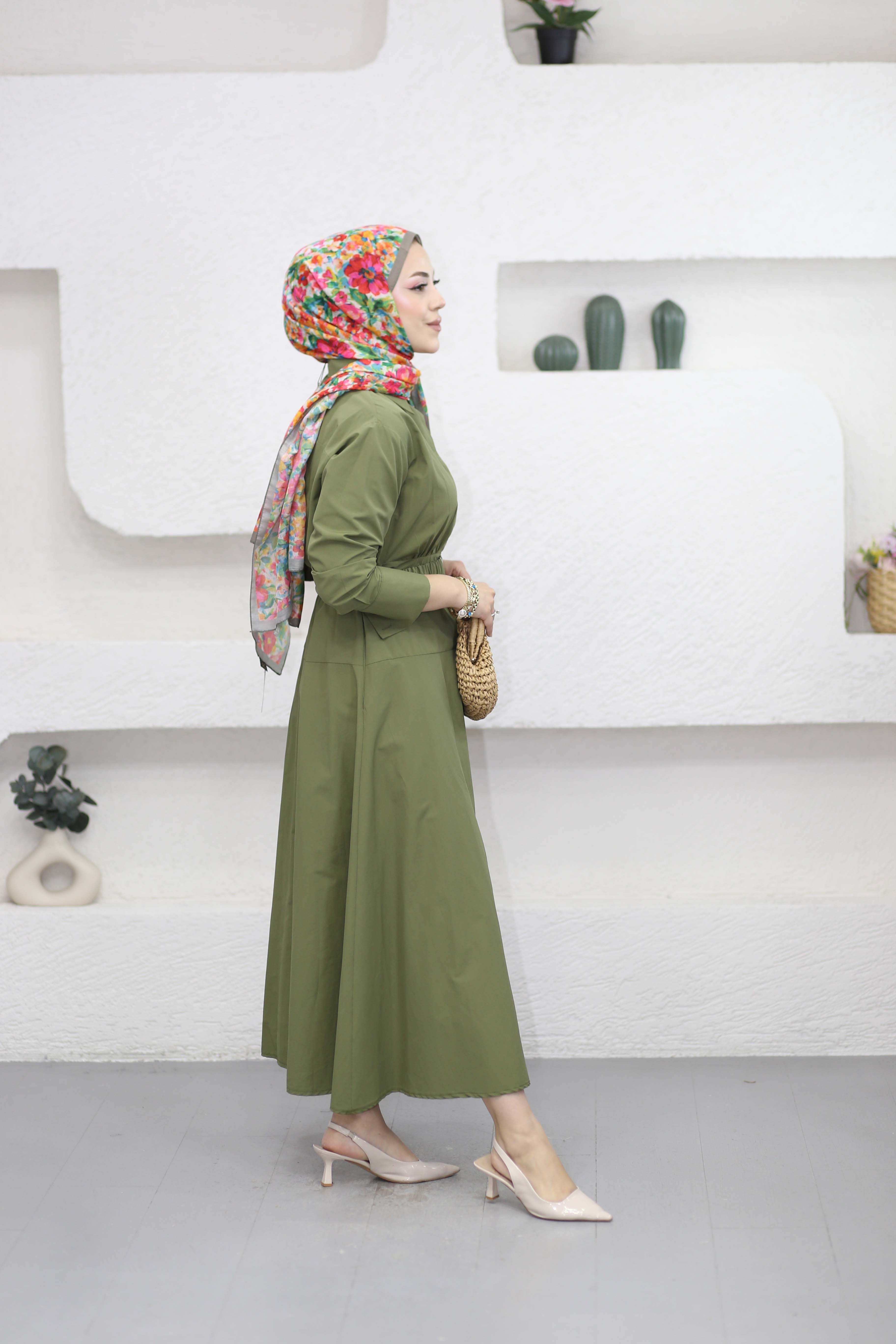 Lastik Kemerli Elbise Haki 5516