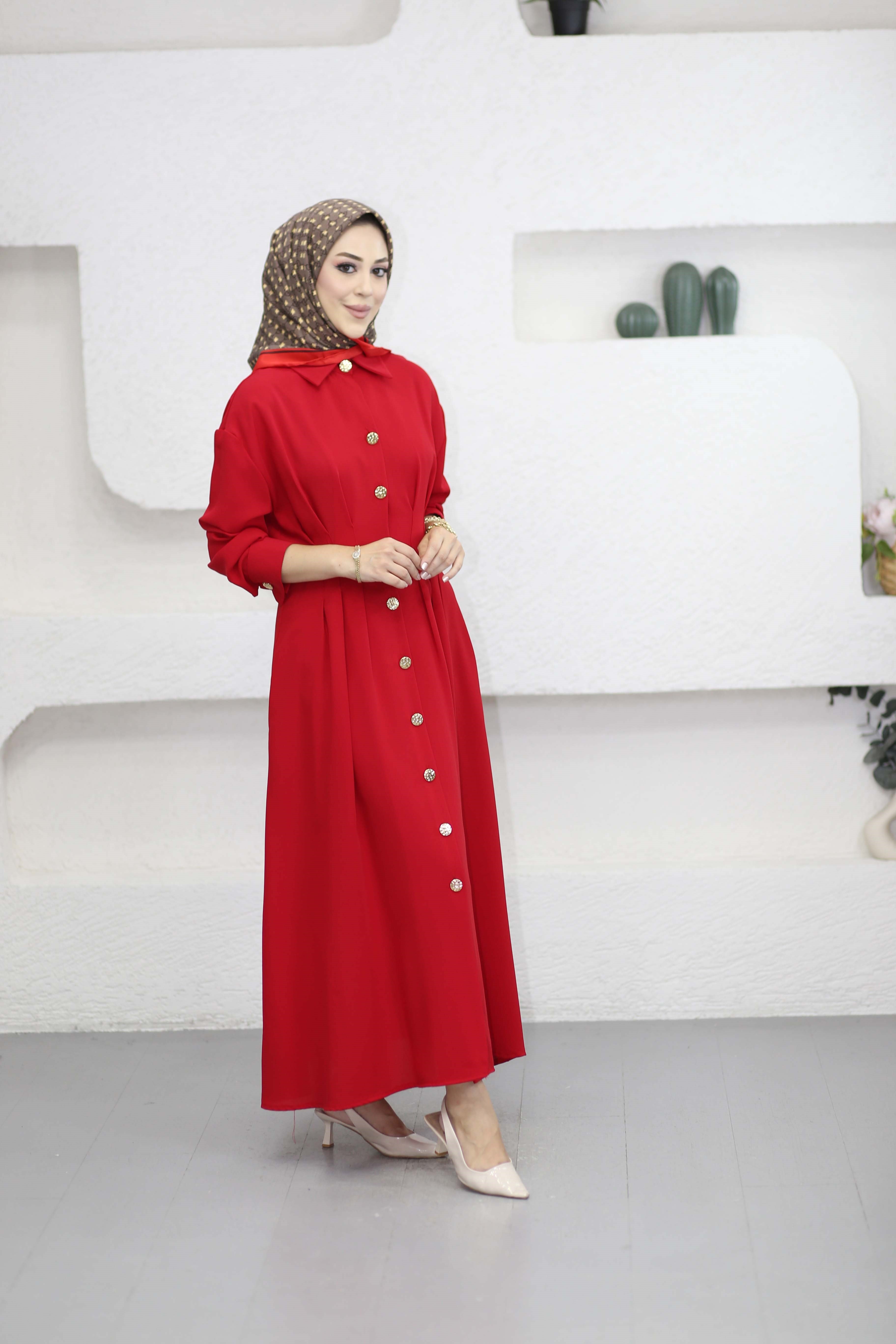 Bel Detaylı Ön Düğmeli Tencel Elbise Kırmızı 5509