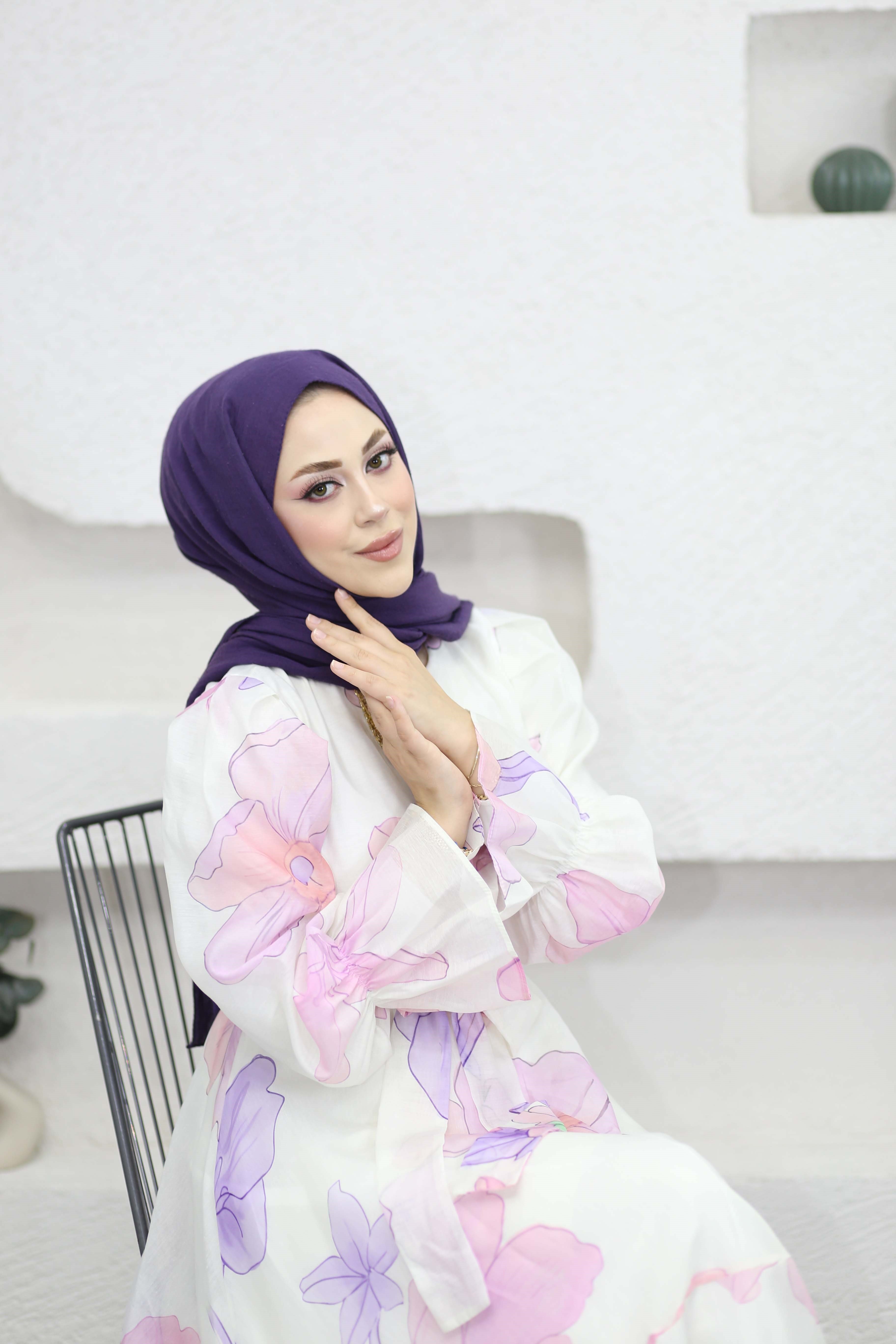 Çiçekli Kuşaklı Elbise Lila 26168