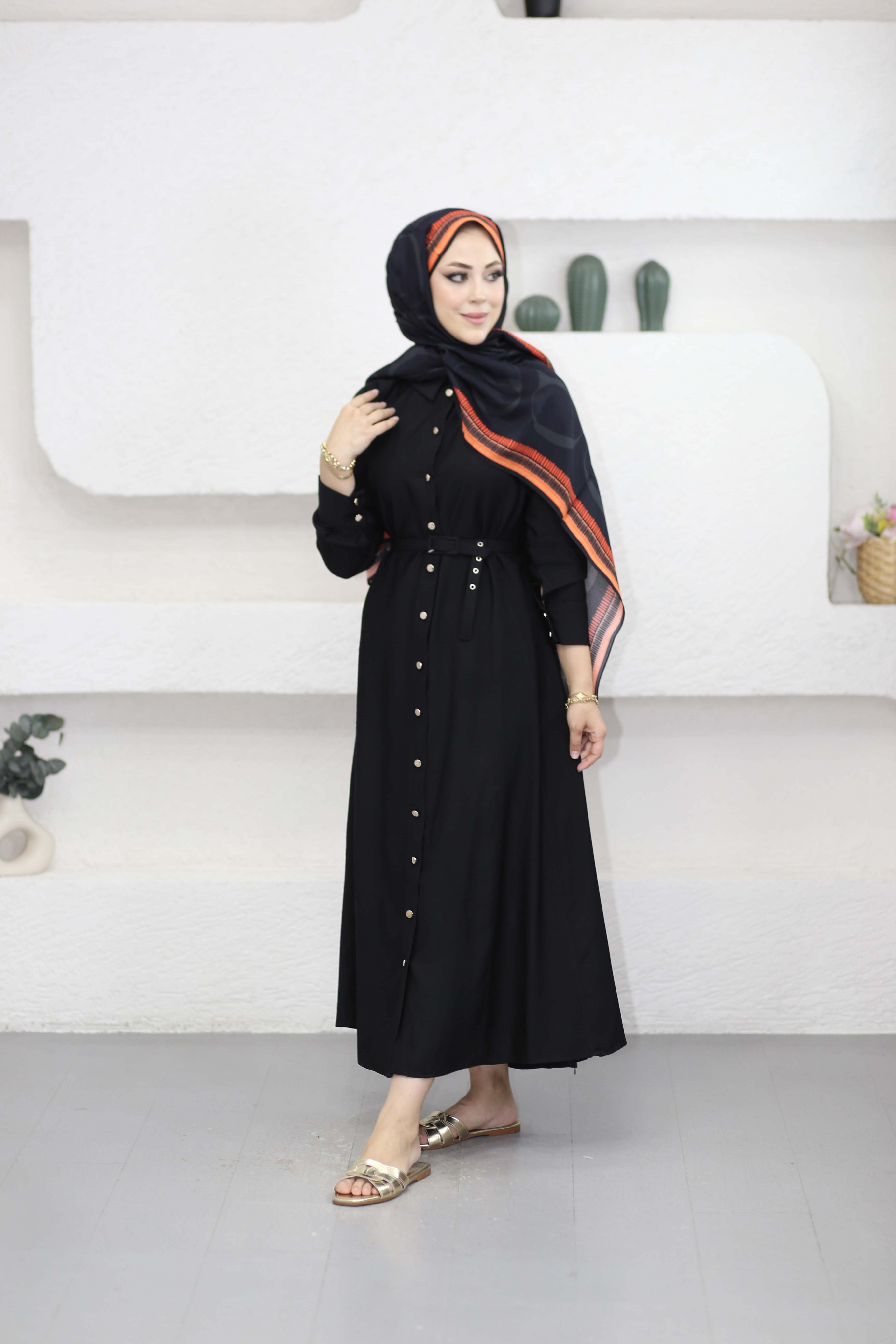 Düğmeli Tencel Gömlek Elbise Siyah 5499