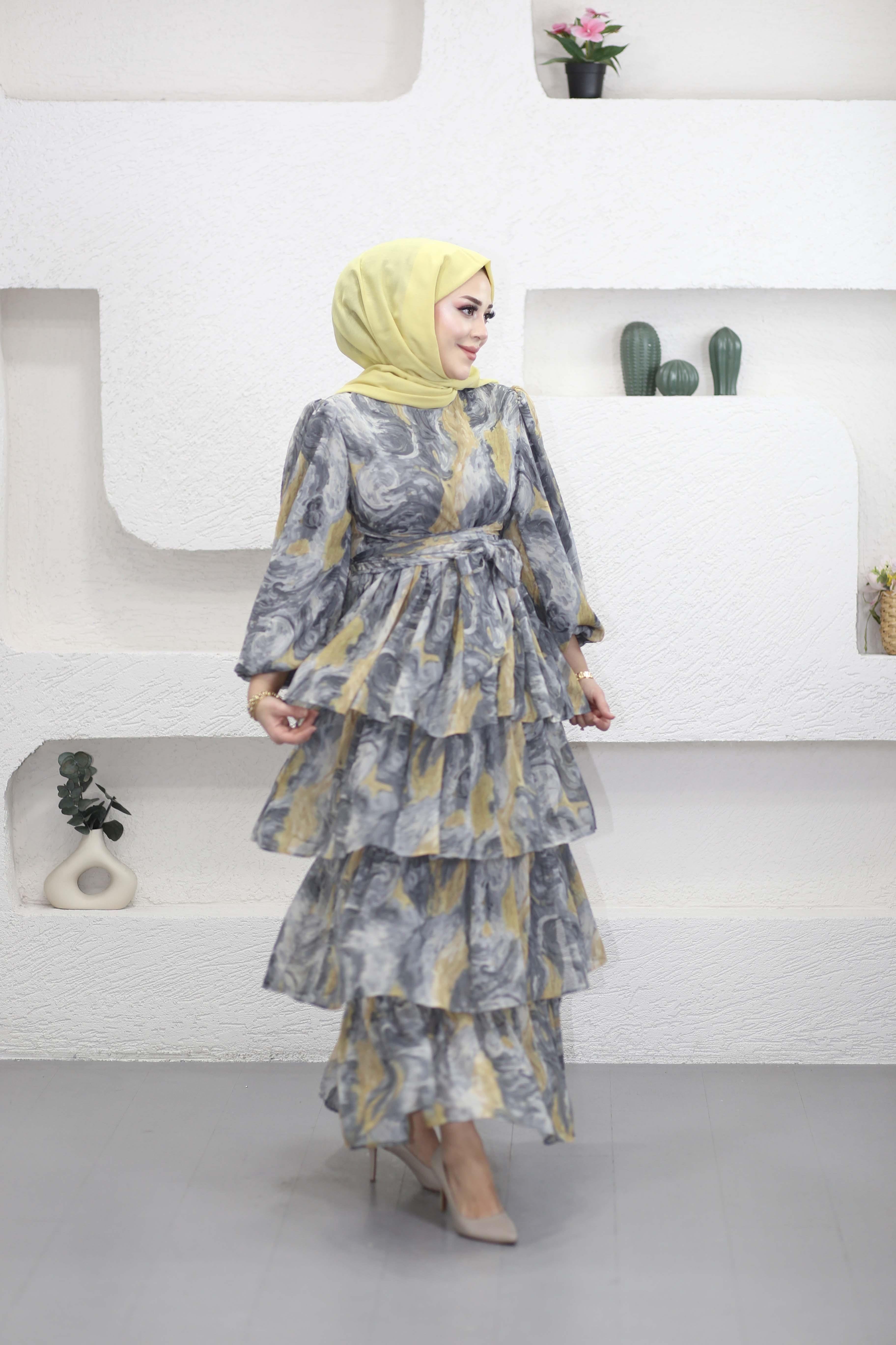 Kuşak Detaylı Kat Elbise Sarı 2286