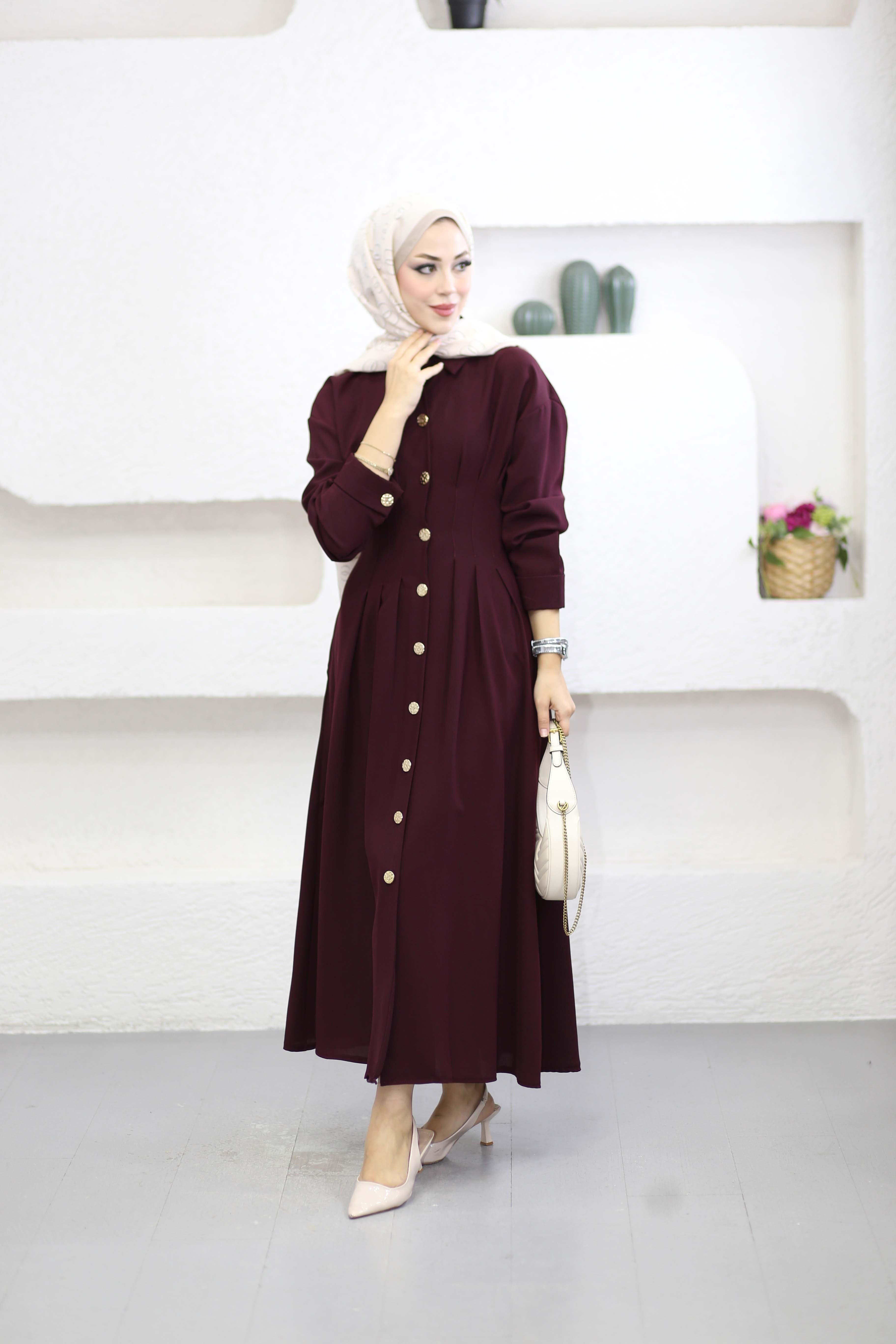 Bel Detaylı Ön Düğmeli Tencel Elbise Bordo 5509