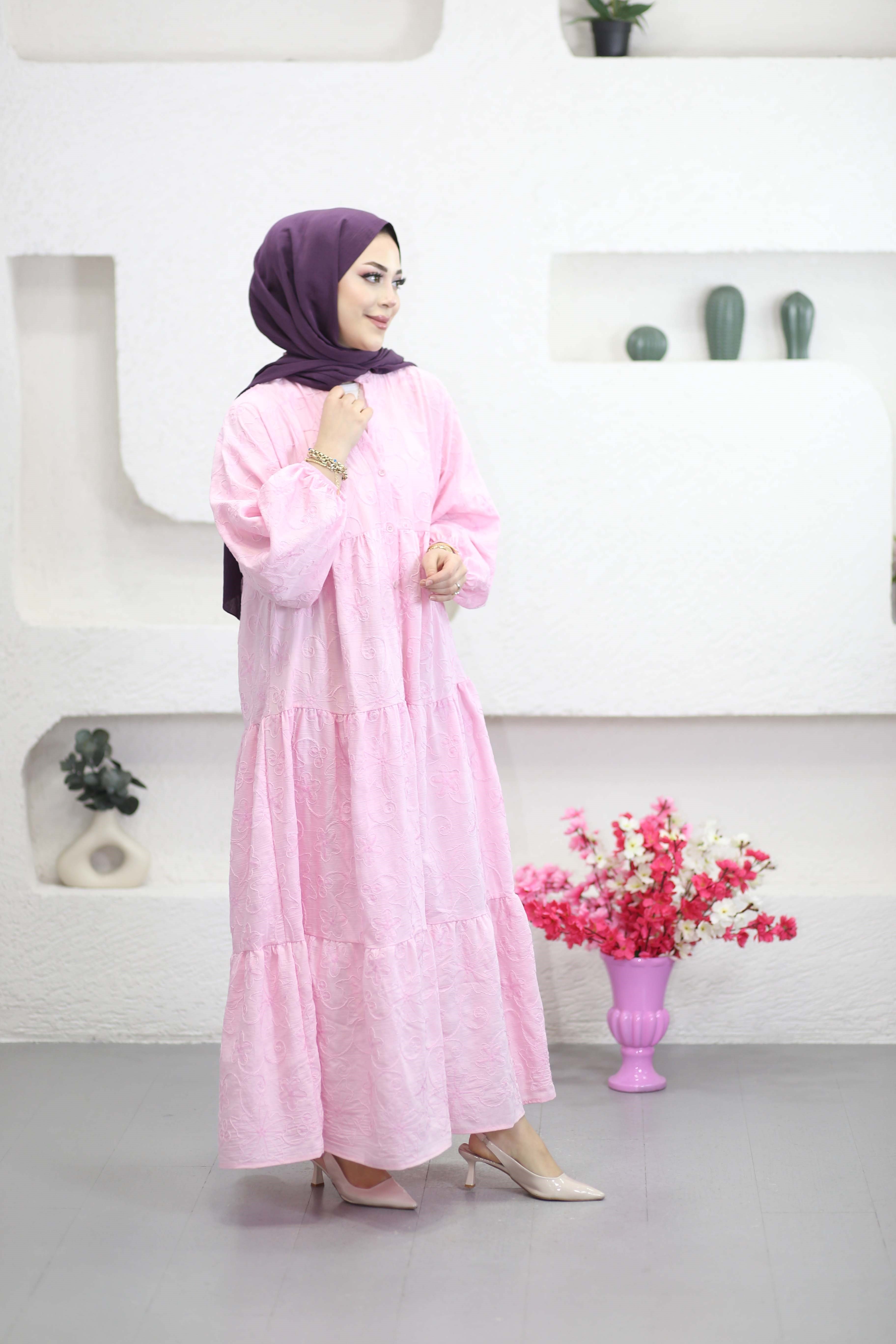 Robalı Çiçek İşlemeli Elbise Pembe 001
