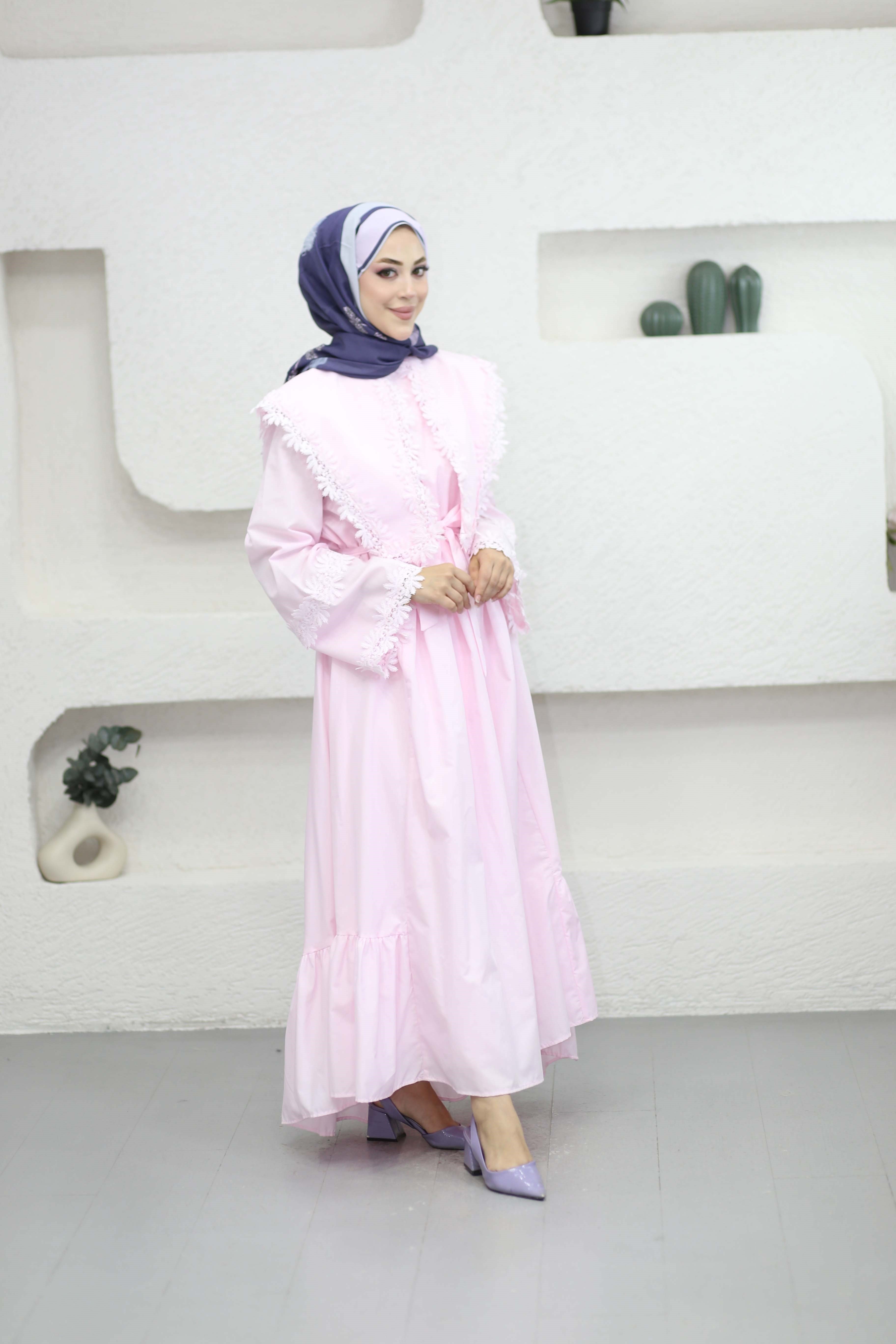 Güpürlü Dacron Elbise Pembe 8544