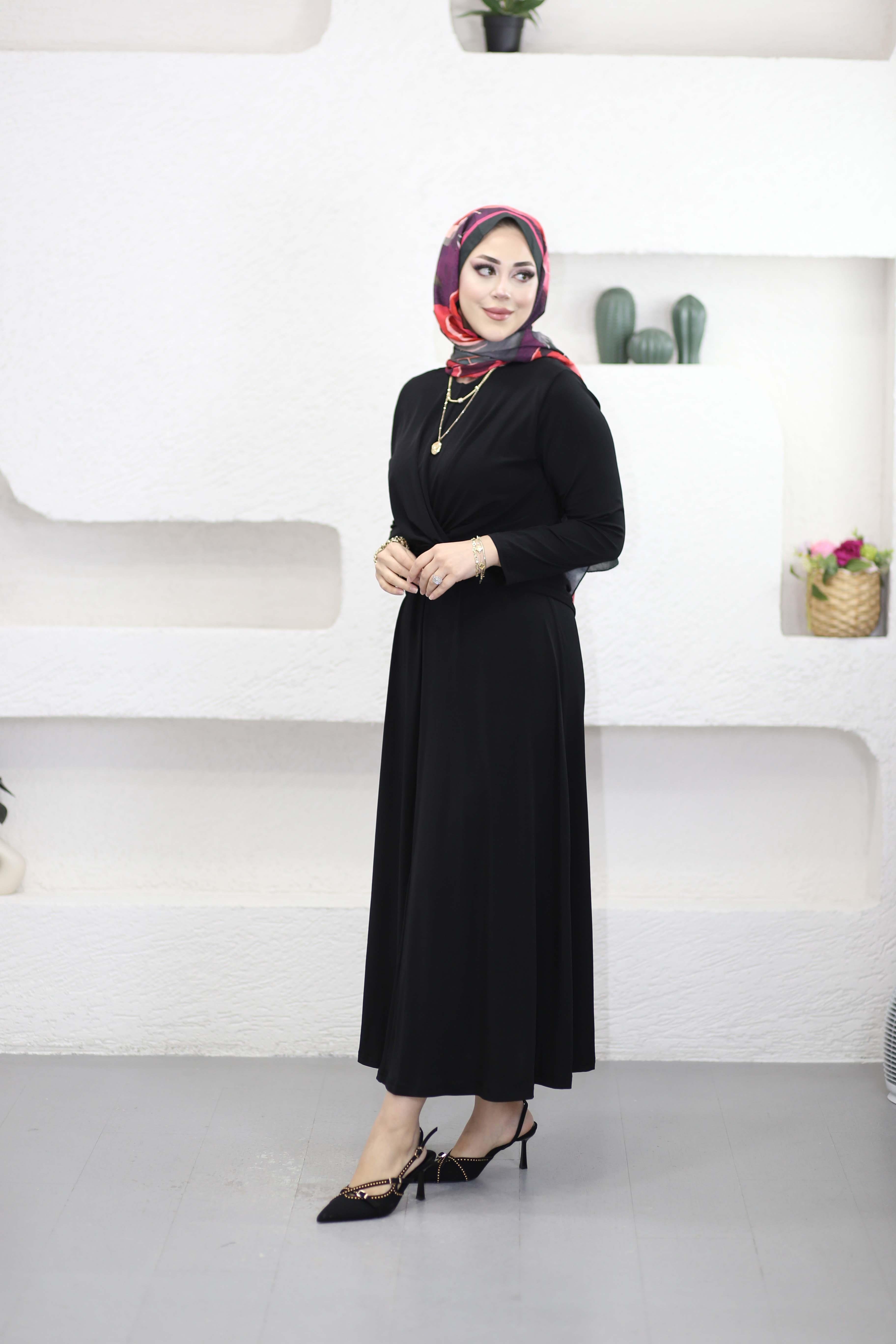 Kruvaze Geçirmeli Sandy Elbise Siyah 5475