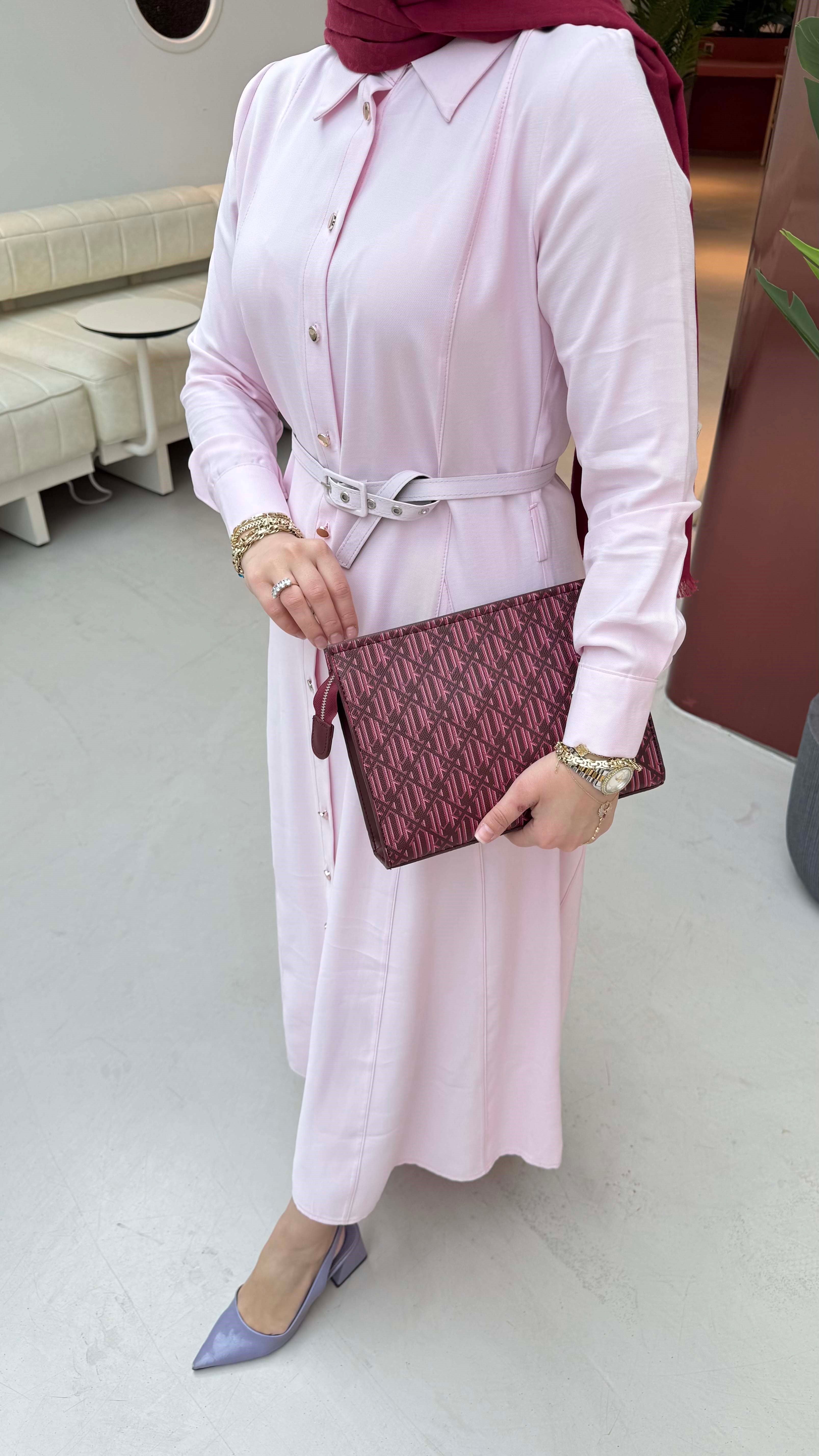 Düğmeli Tencel Gömlek Elbise Şeker Pembe 5499
