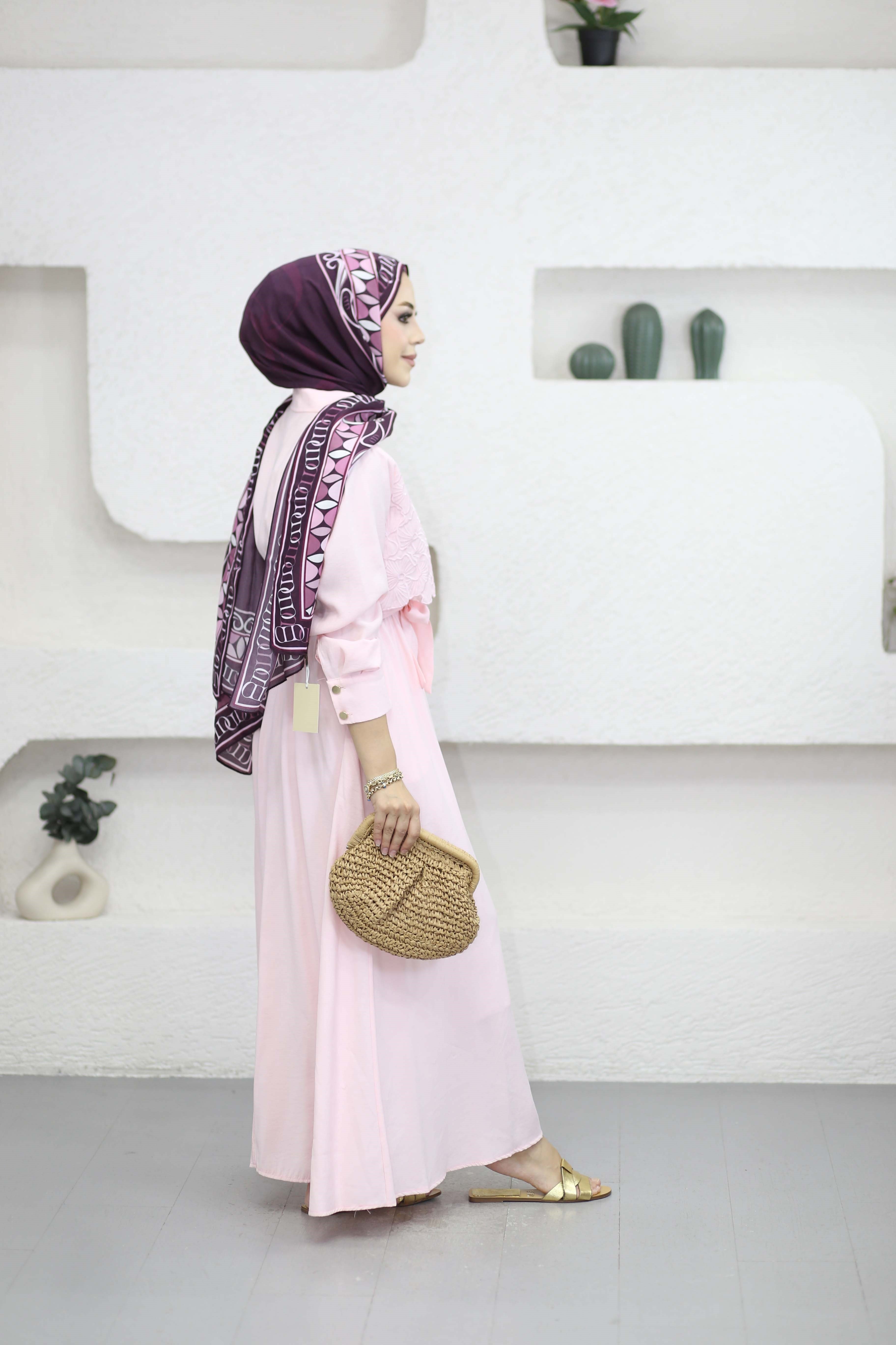 Nakışlı Modal Elbise Pembe 3130