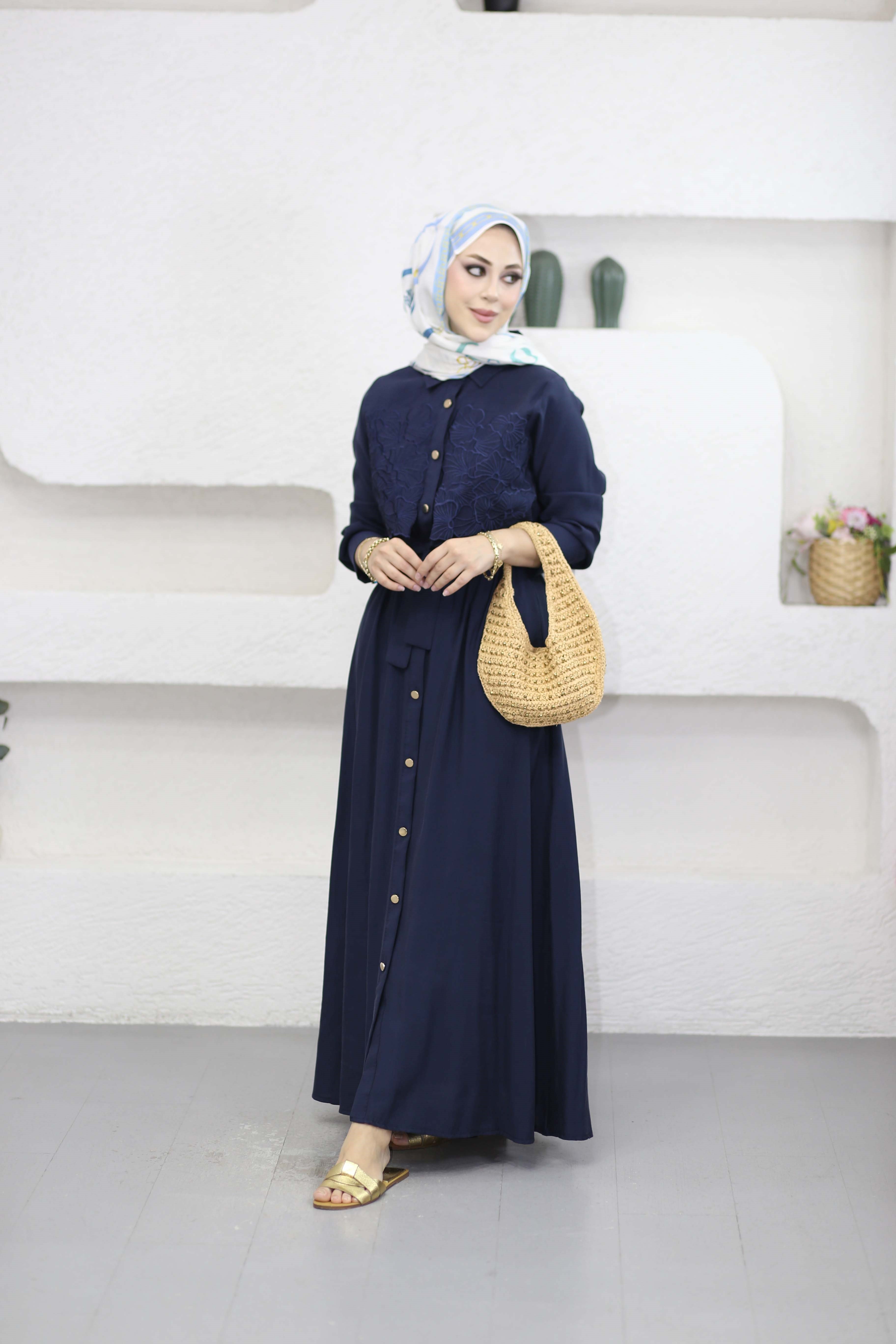 Nakışlı Modal Elbise Lacivert 3130