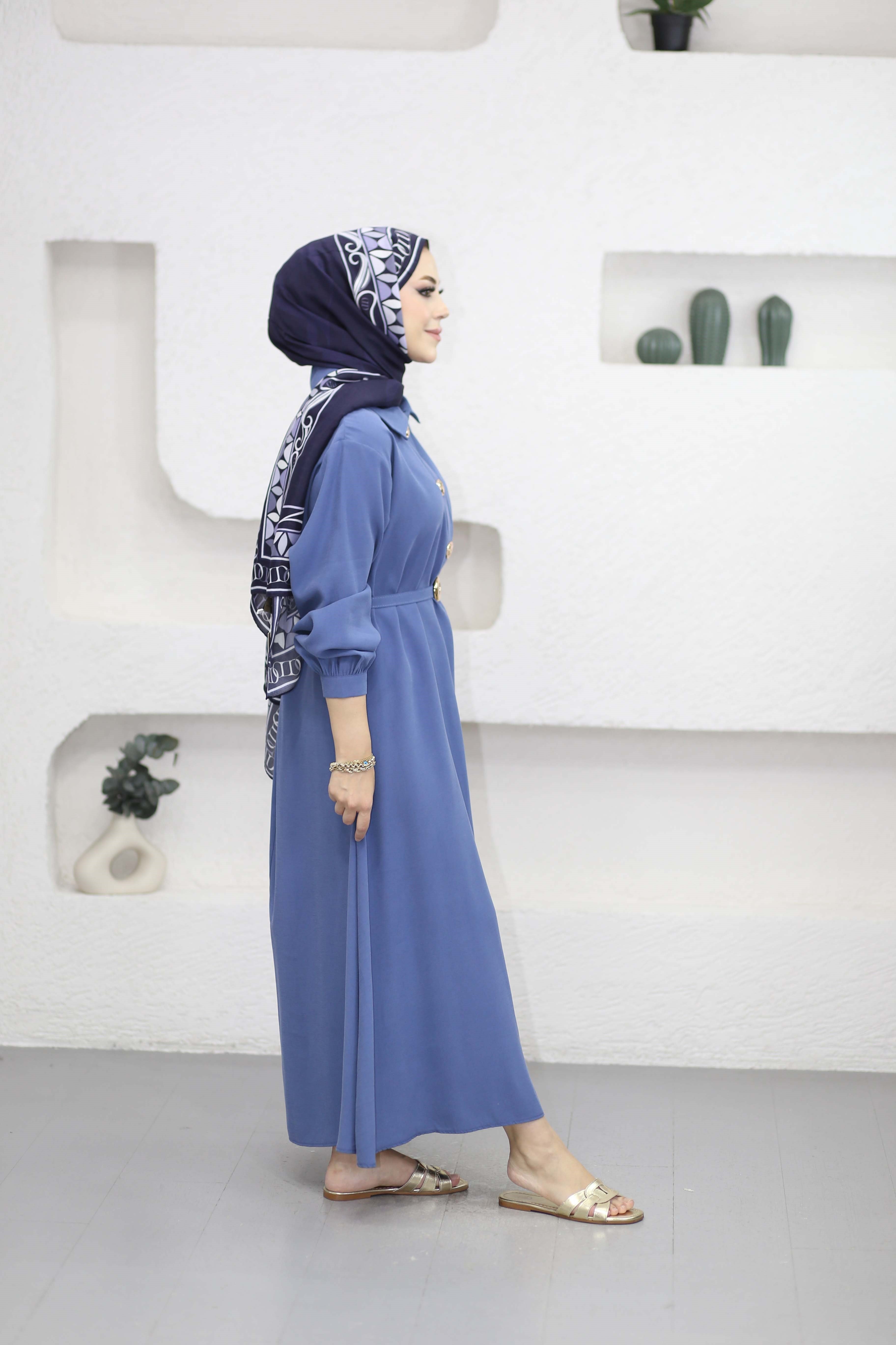 Yakalı Kemerli Elbise İndigo 5525
