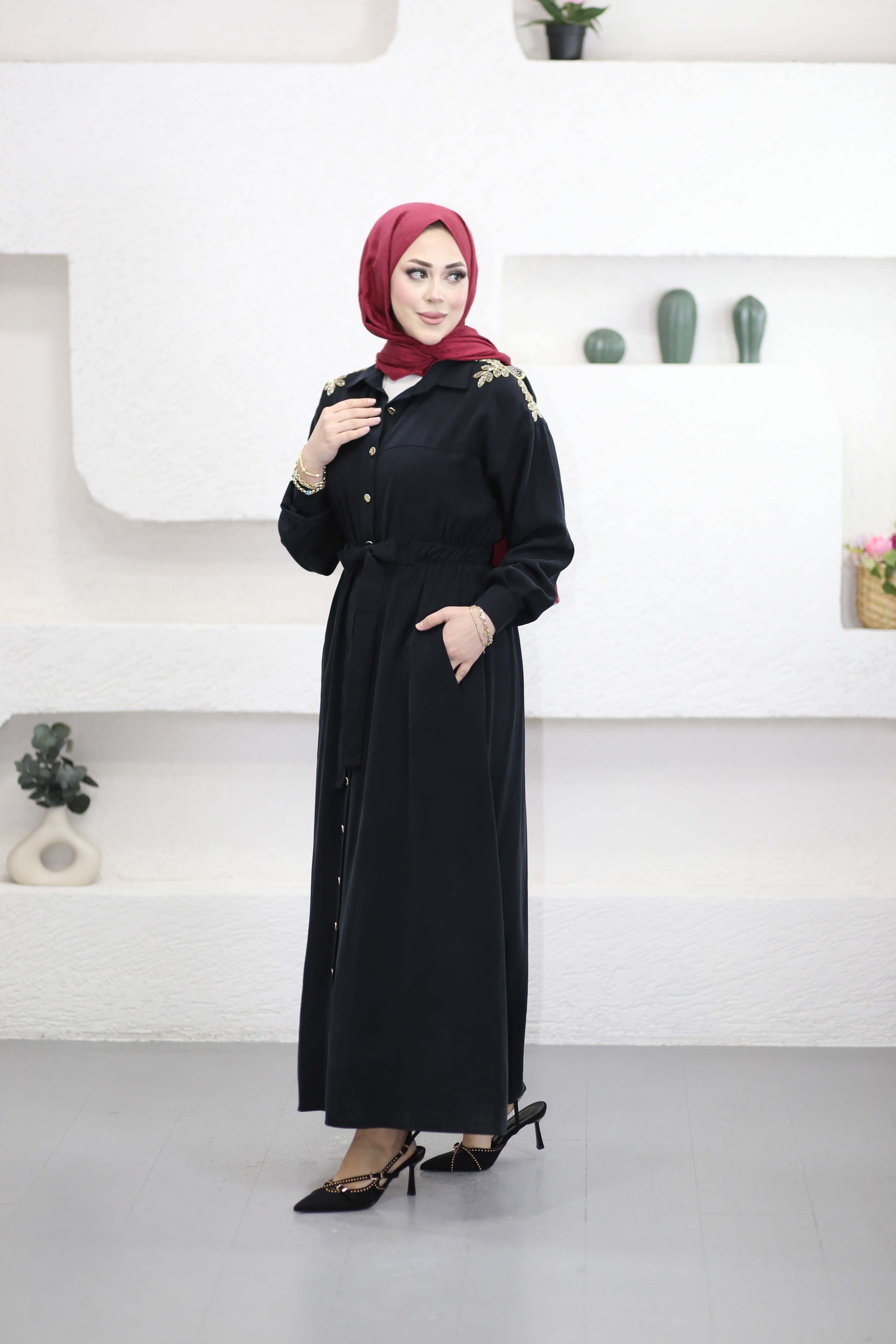 Omuz Nakışlı Elbise Siyah 1471