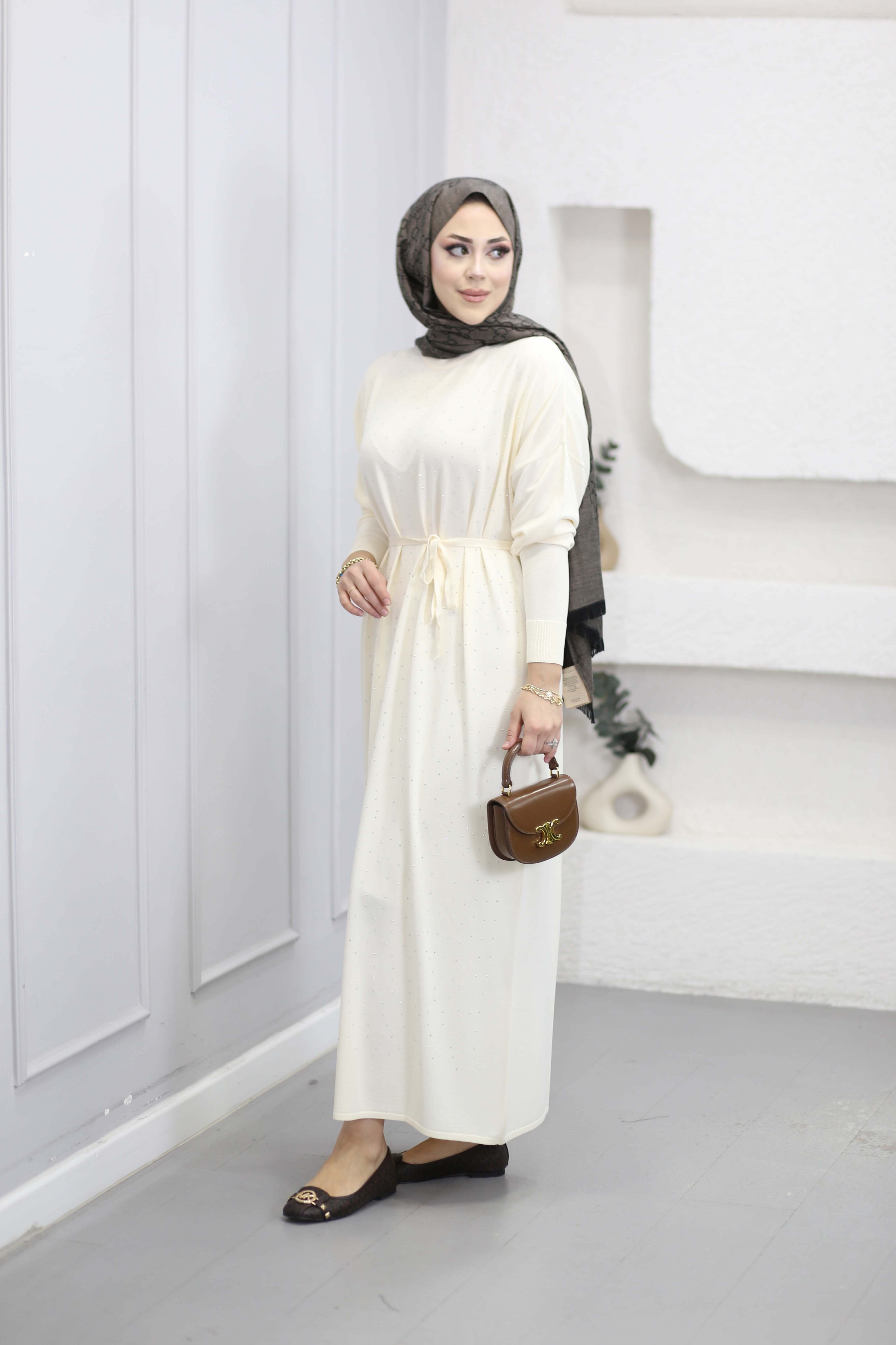 Taşlı Merserize Elbise Krem 25270
