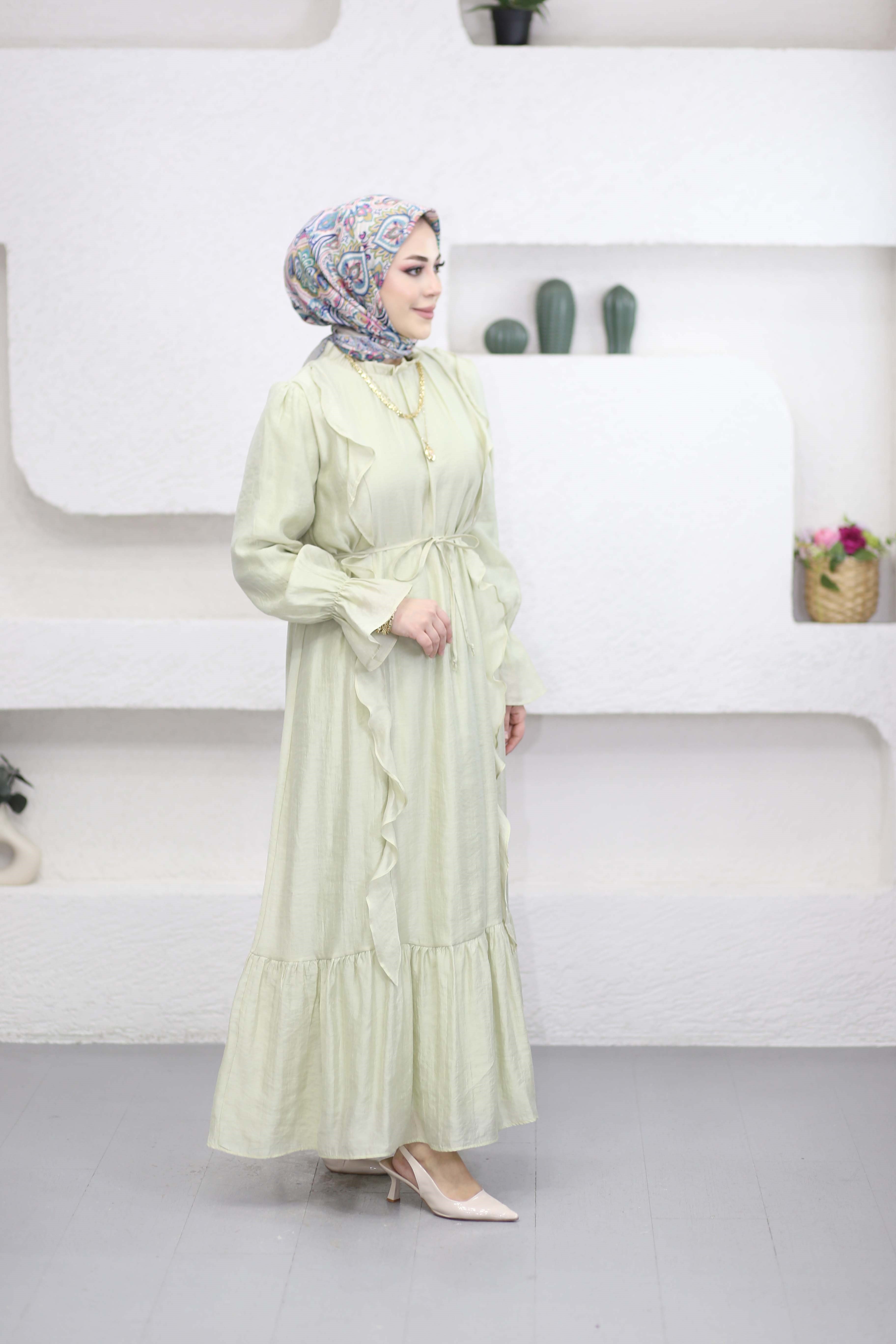 Yan Fırfırlı Elbise Yeşil 1645