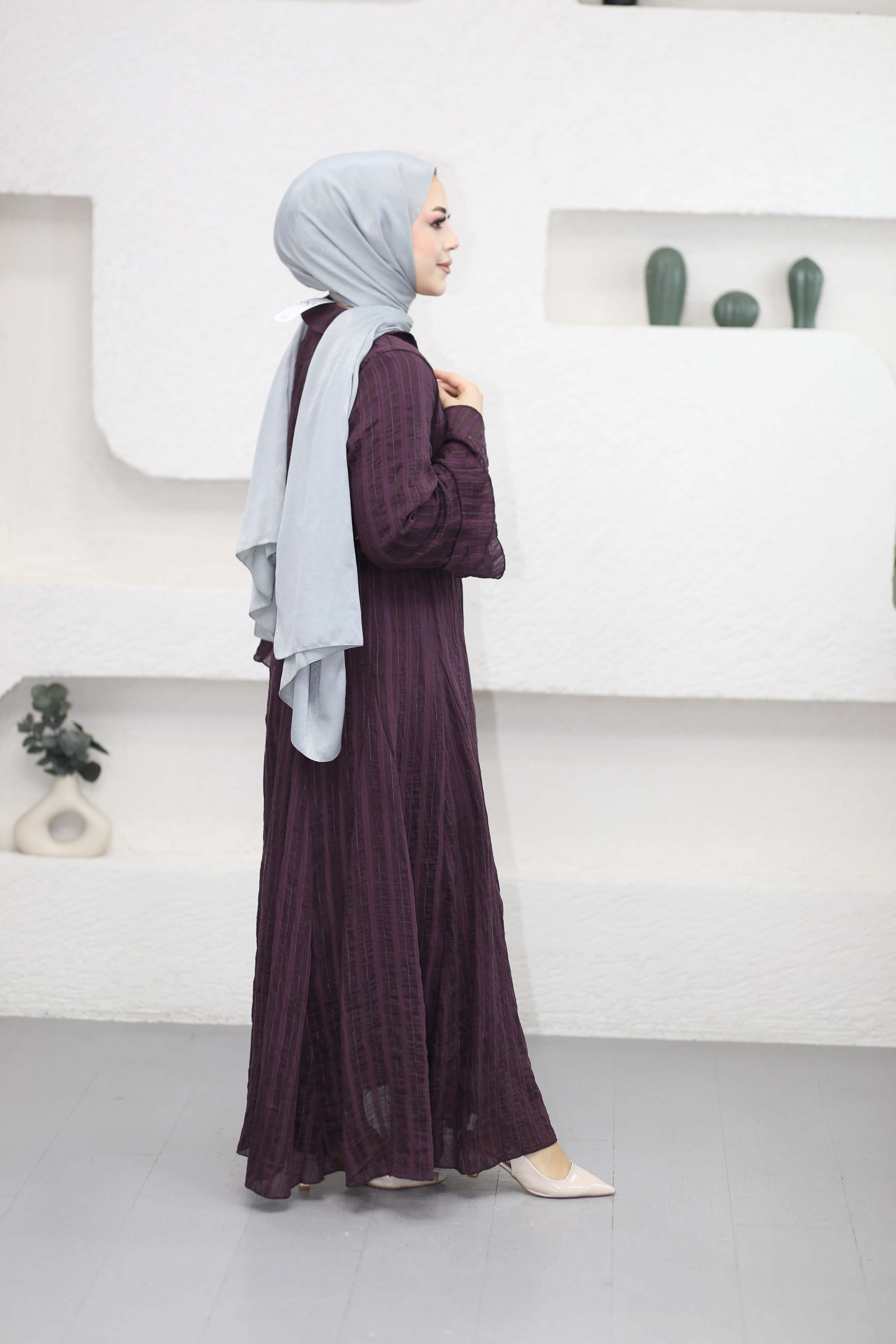 Fiyonk Detay Çizgili Elbise Mürdüm 8408