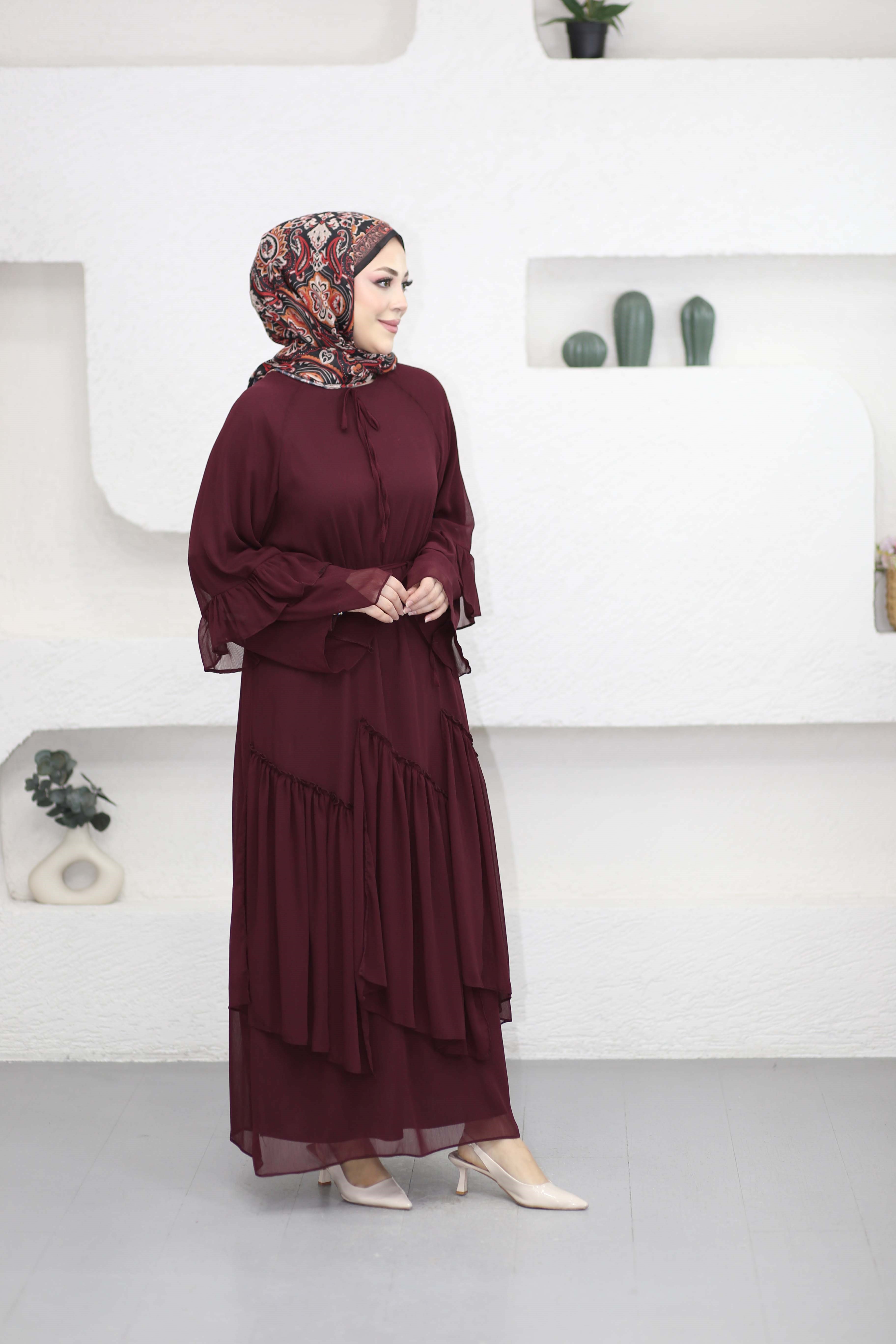Kol Detaylı Tasarım Elbise Bordo 25133