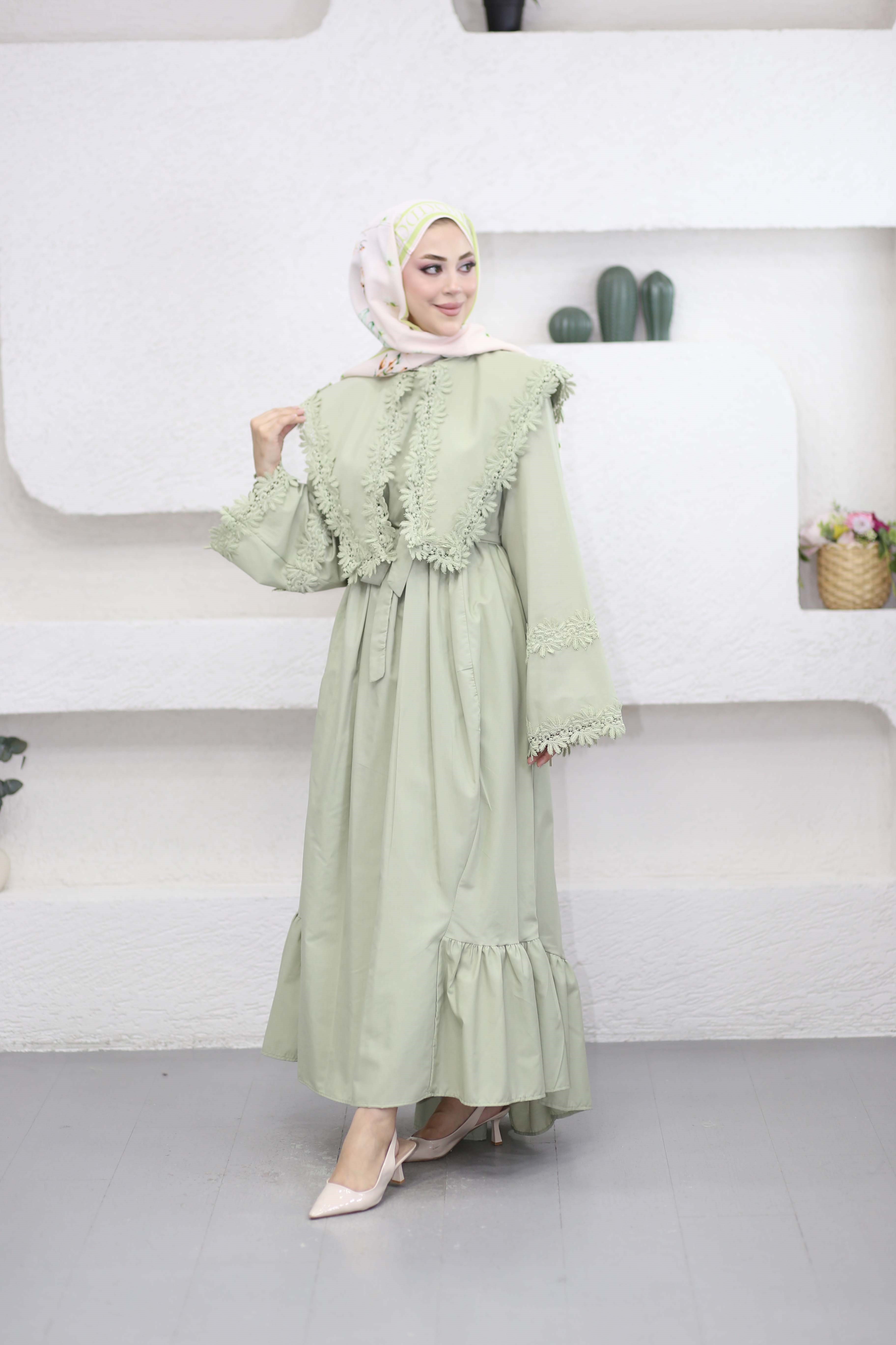 Güpürlü Dacron Elbise Yeşil 8544