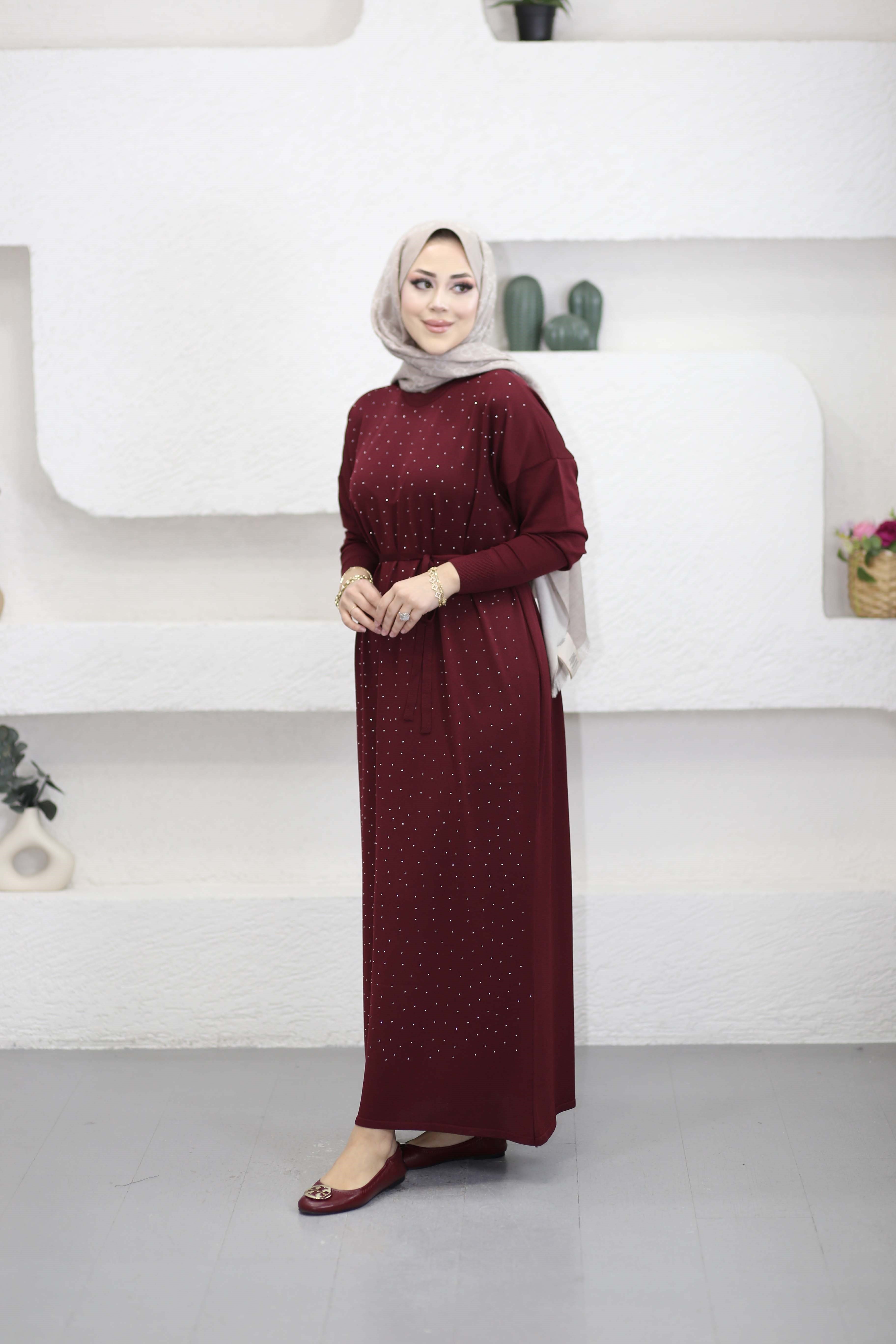Taşlı Merserize Elbise Bordo 25270