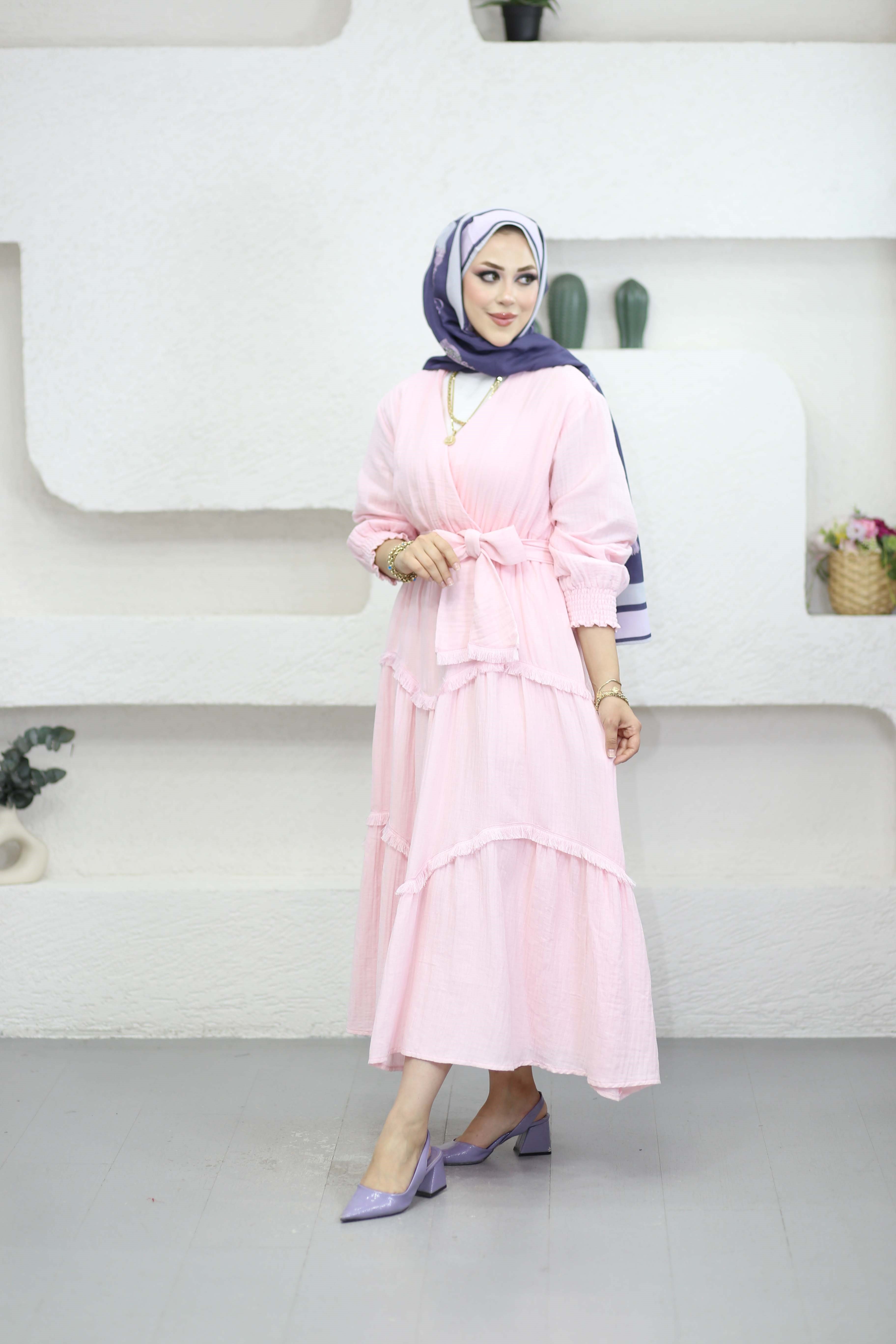 Püskül Detaylı Elbise Pembe 4496