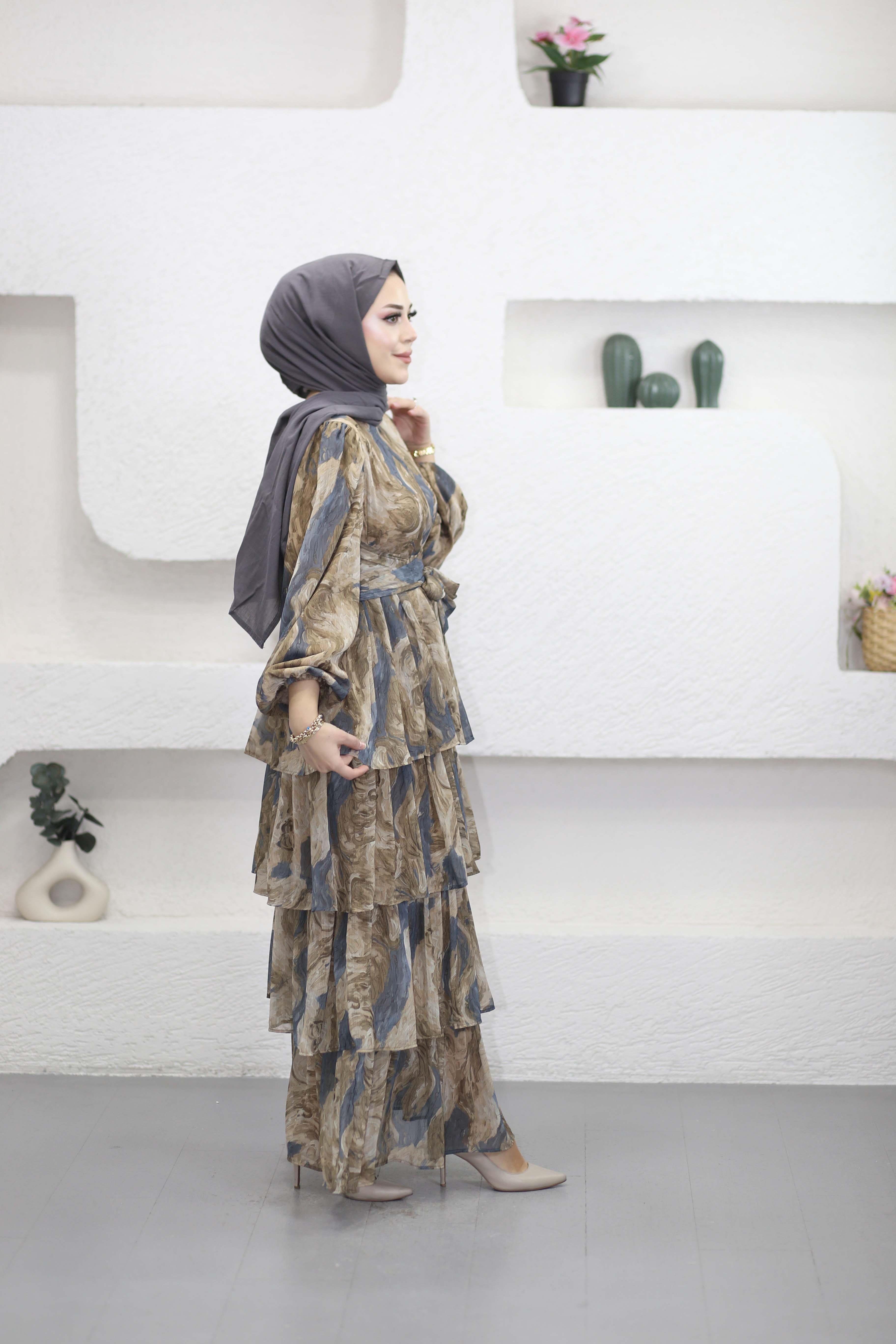 Kuşak Detaylı Kat Elbise Camel 2286