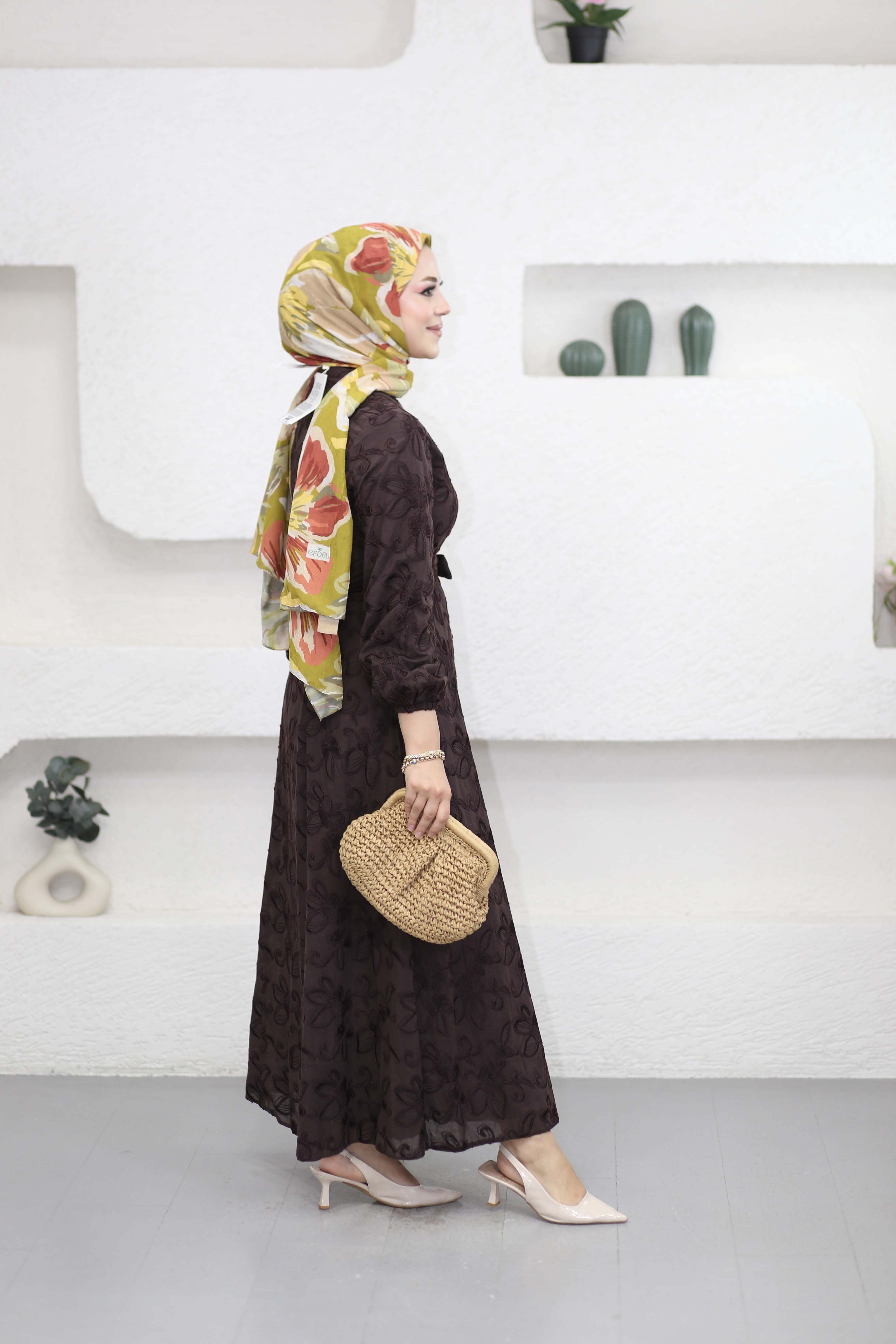 Desenli Asya Elbise Kahverengi 5345