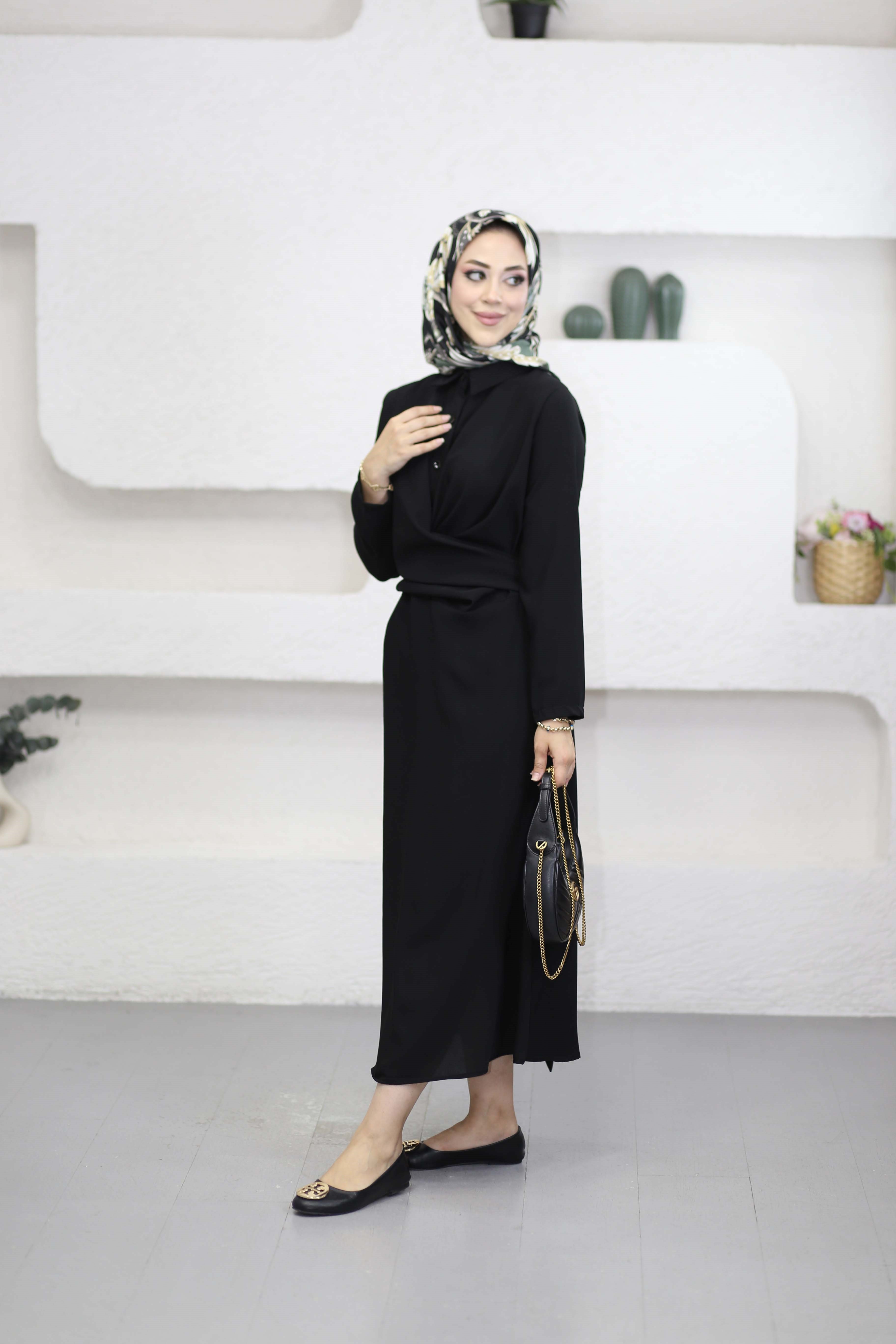 Çapraz Kuşaklı Çan Elbise Siyah 5542