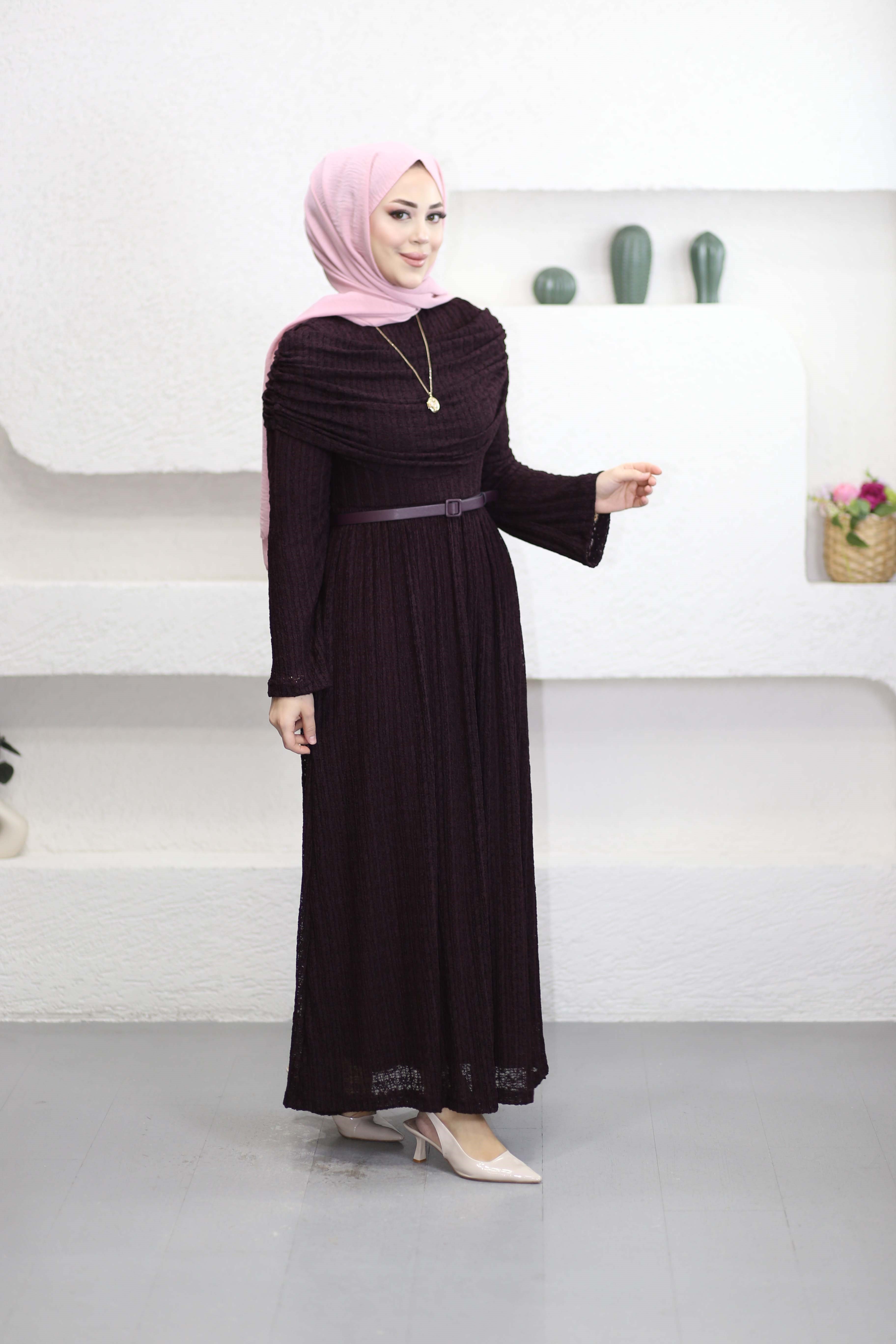 Omuz Volanlı Dantel Tül Elbise Mürdüm 1002