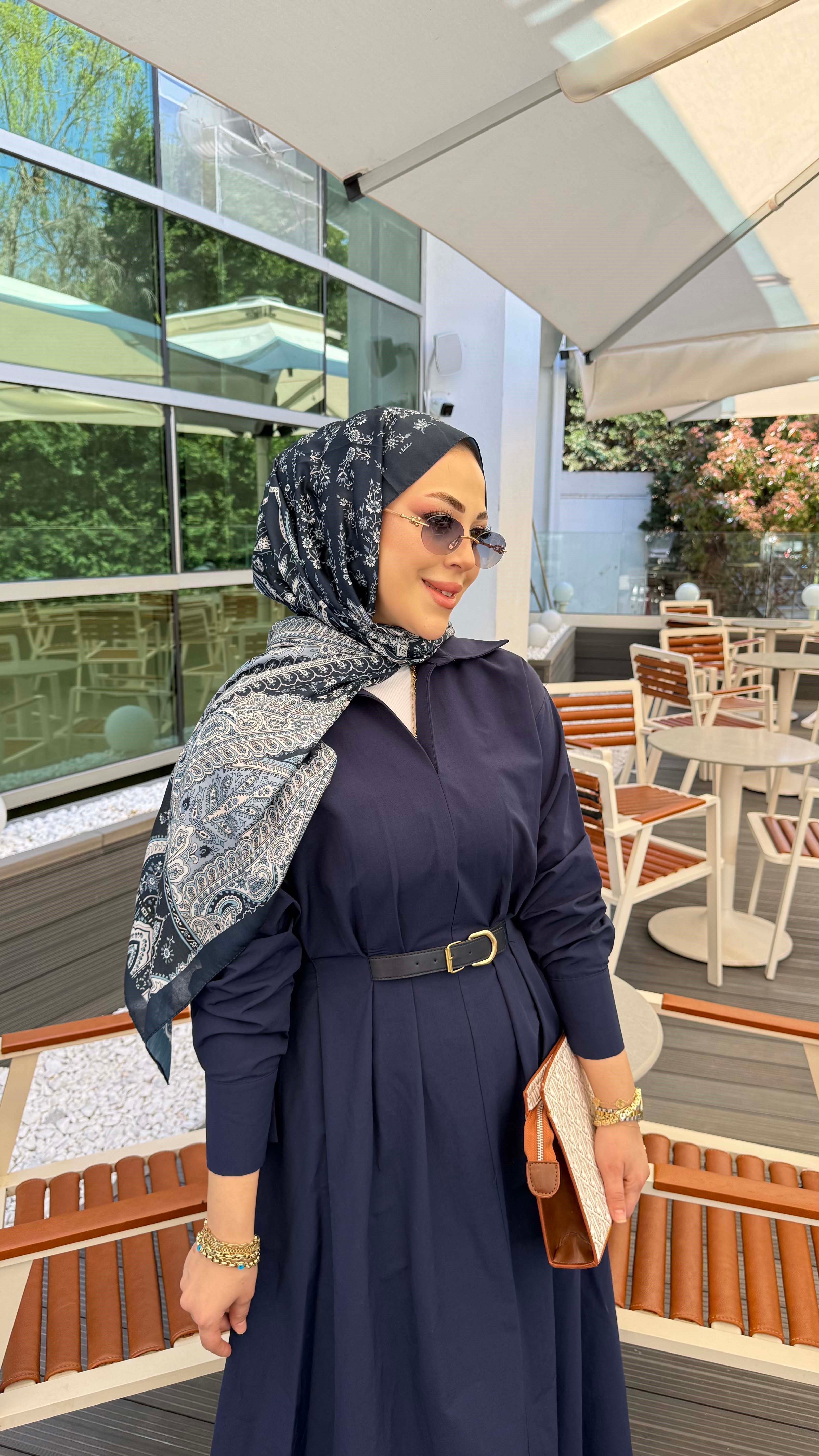 Beli Lastikli Kemer Detaylı Gömlek Elbise Lacivert 5518