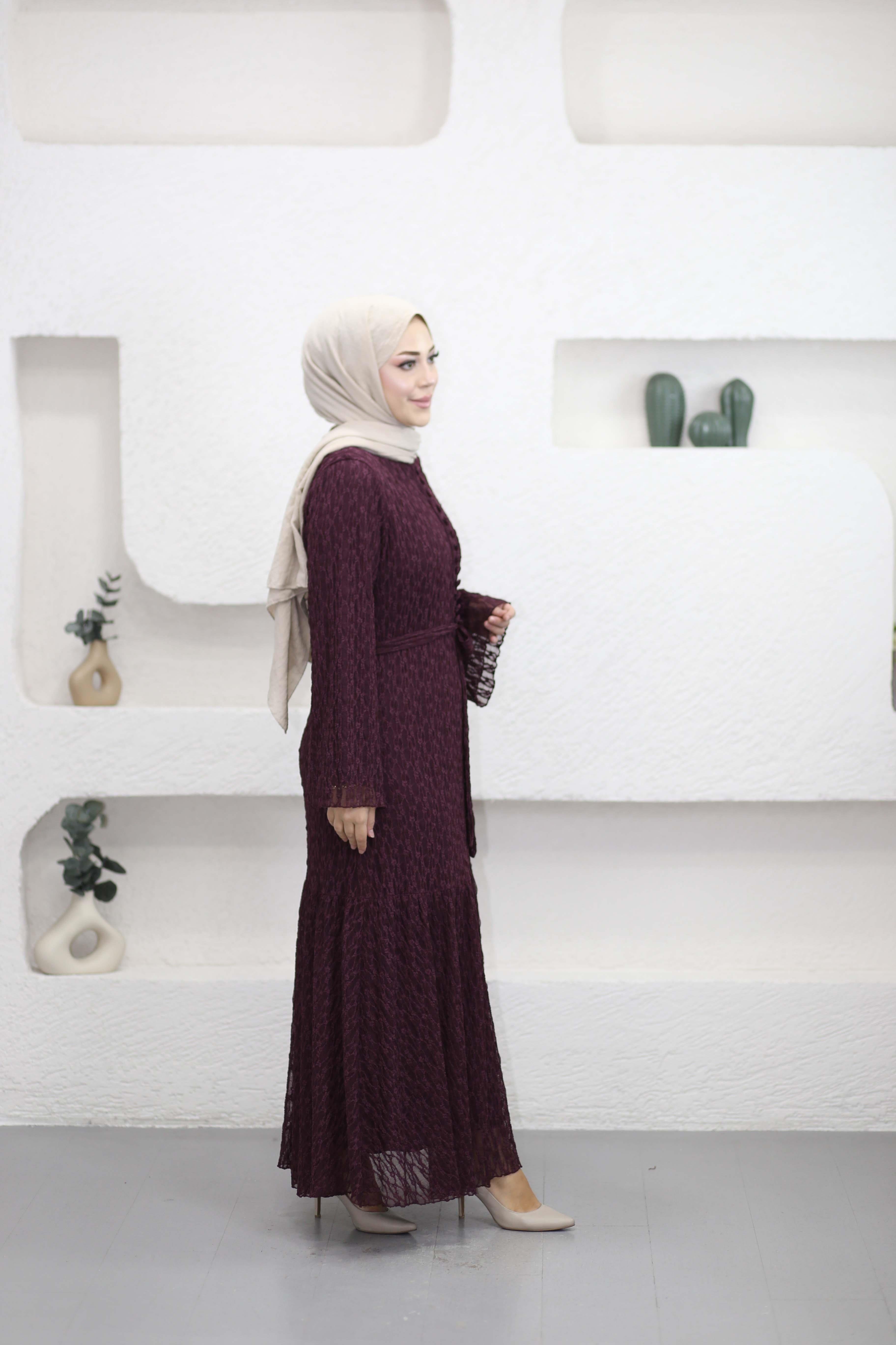 Düğmeli Likralı Dantel Elbise Mürdüm 51245