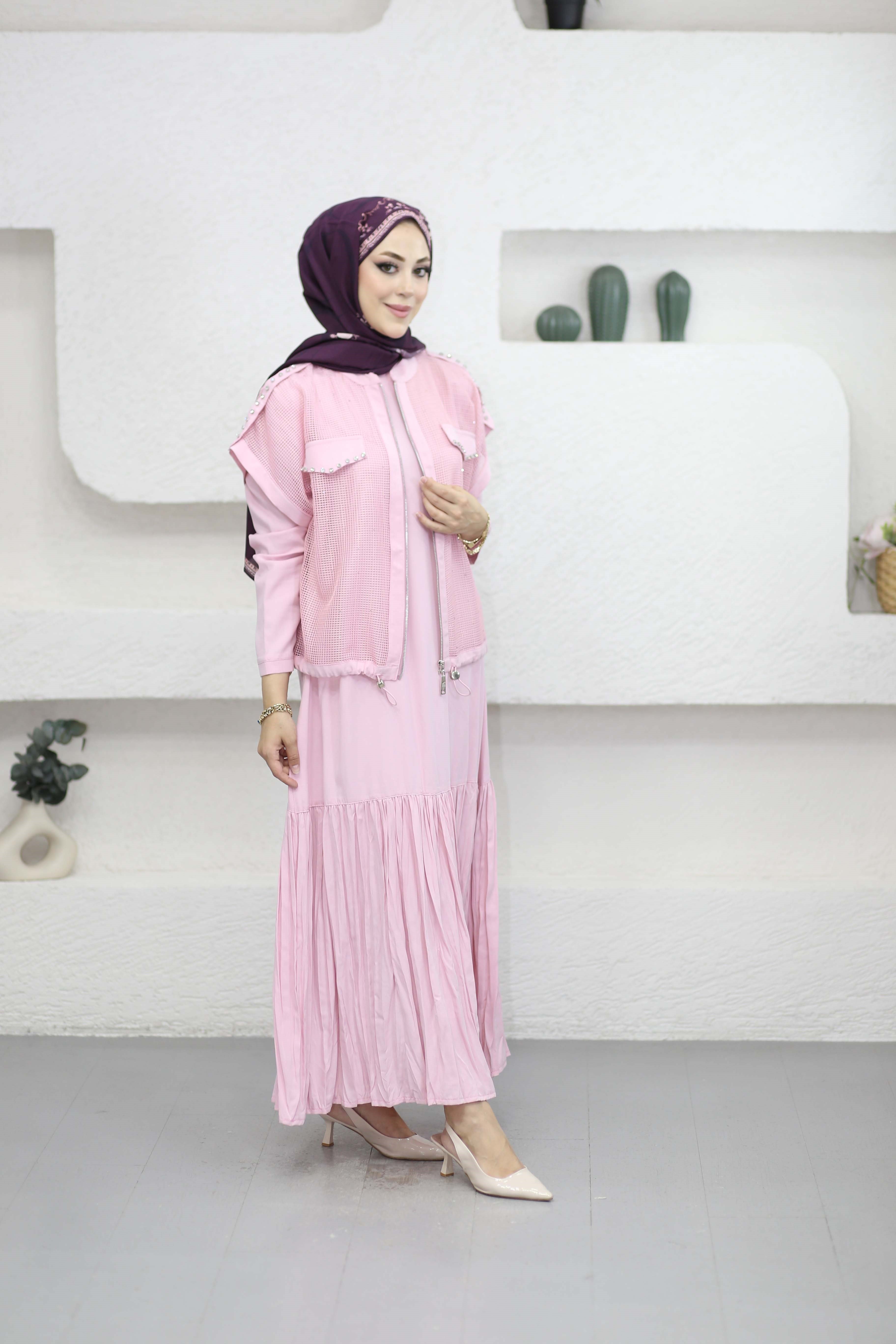 File Detay Tasarım Elbise Pembe 1594