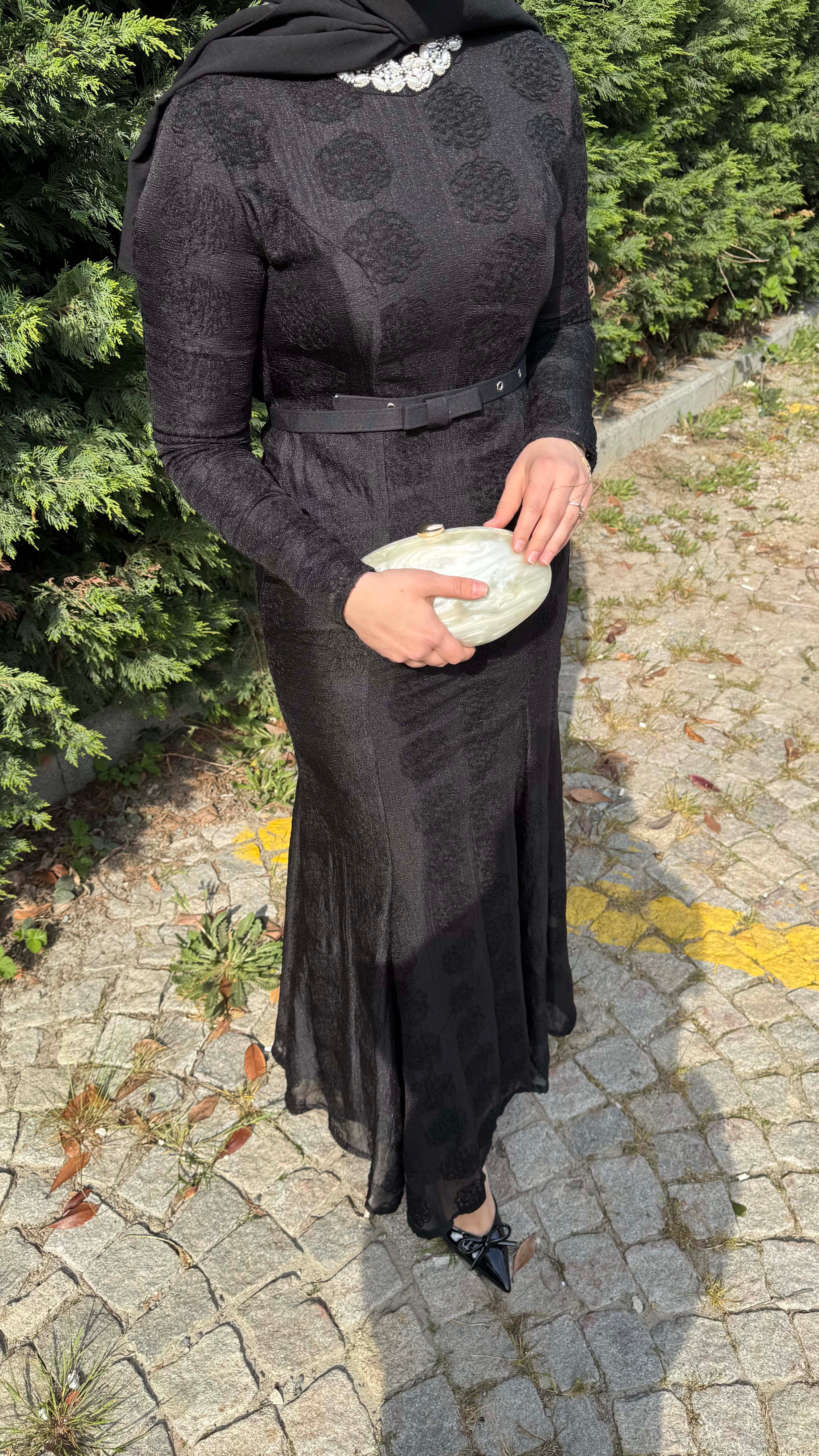 İnci Yaka Güpür Elbise Siyah 5775