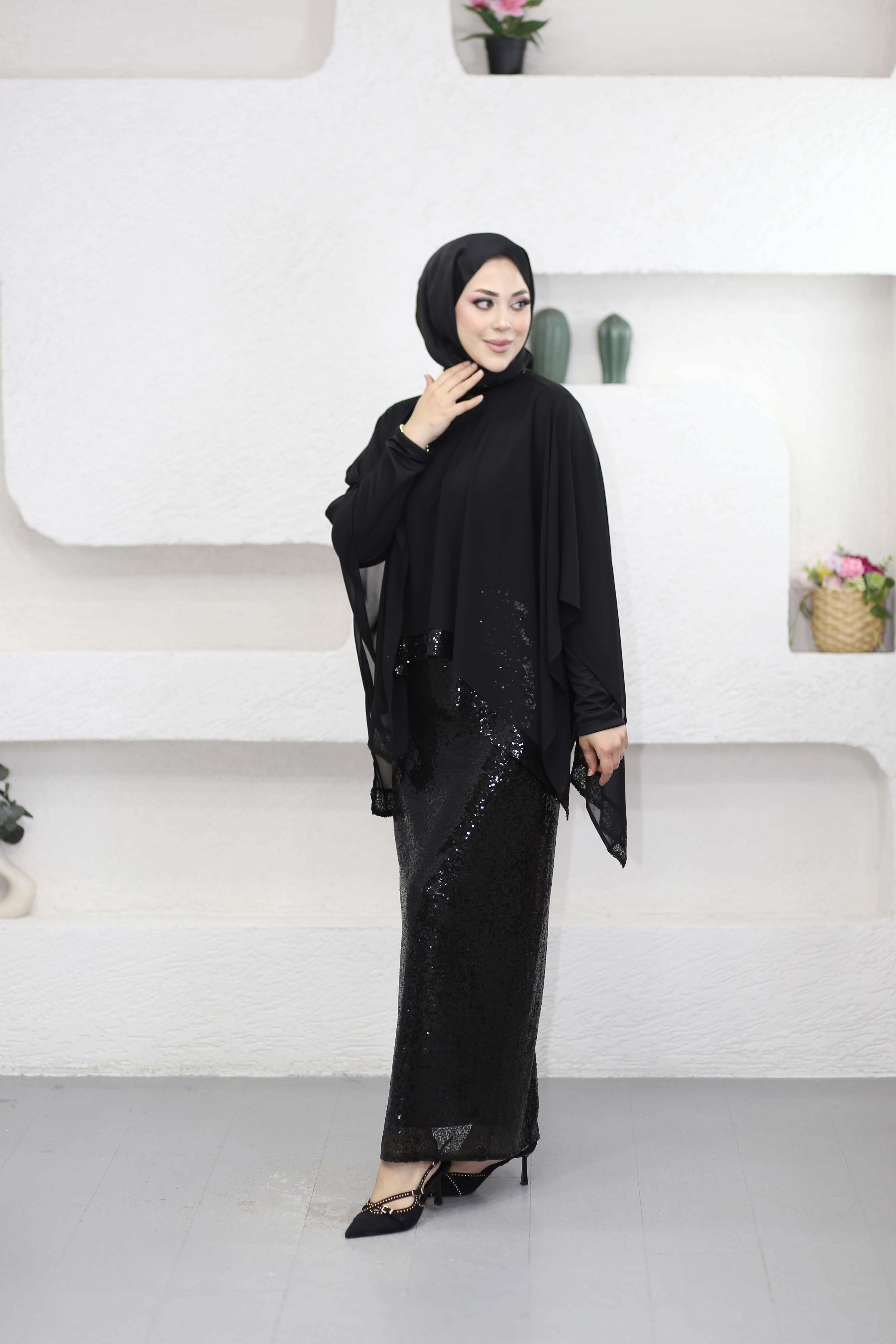 Pelerinli Payet Elbise Siyah 9449