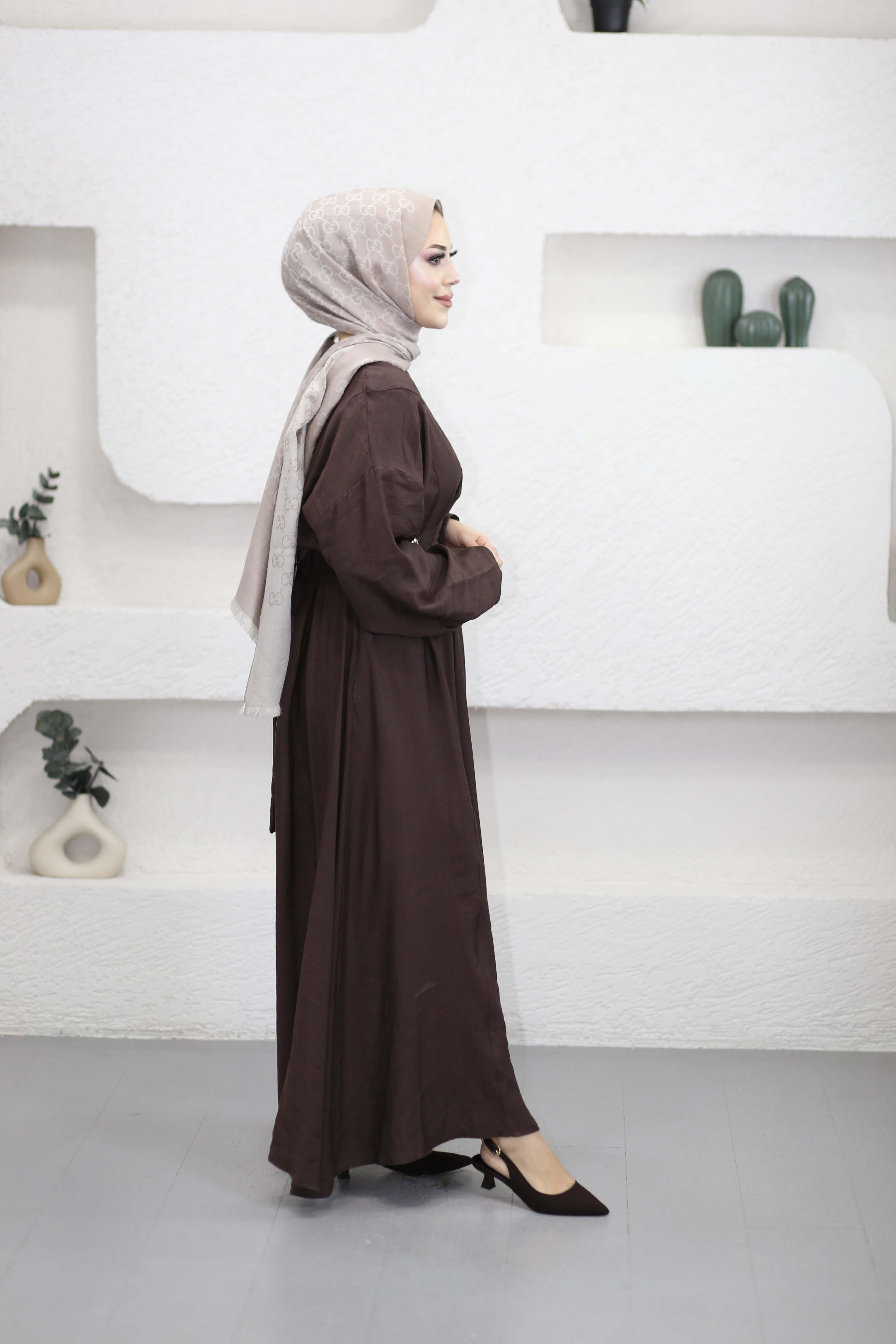 Cherry Keten Elbise Kahverengi 1079