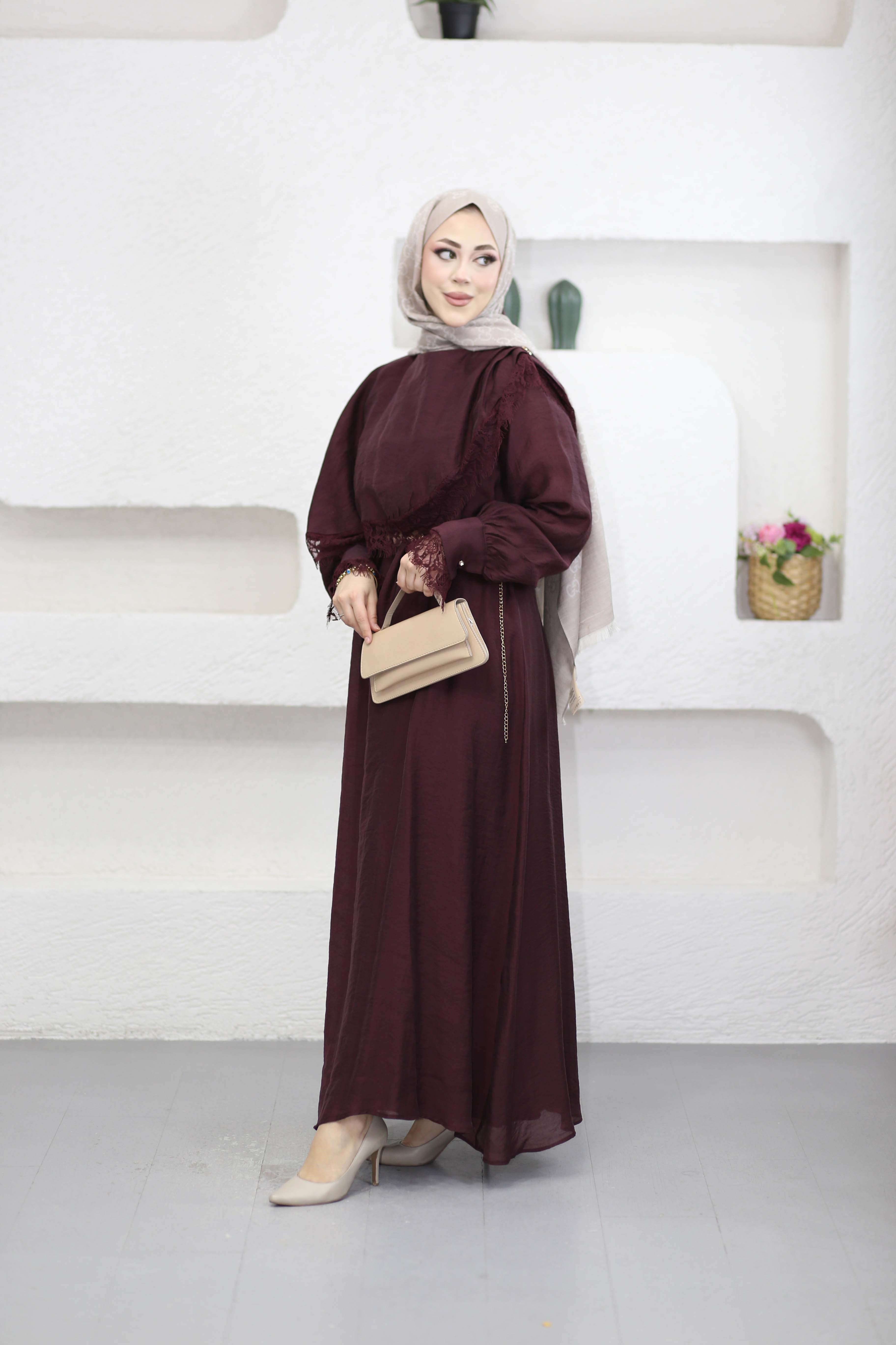 Dantel Detaylı Elbise Bordo 8386