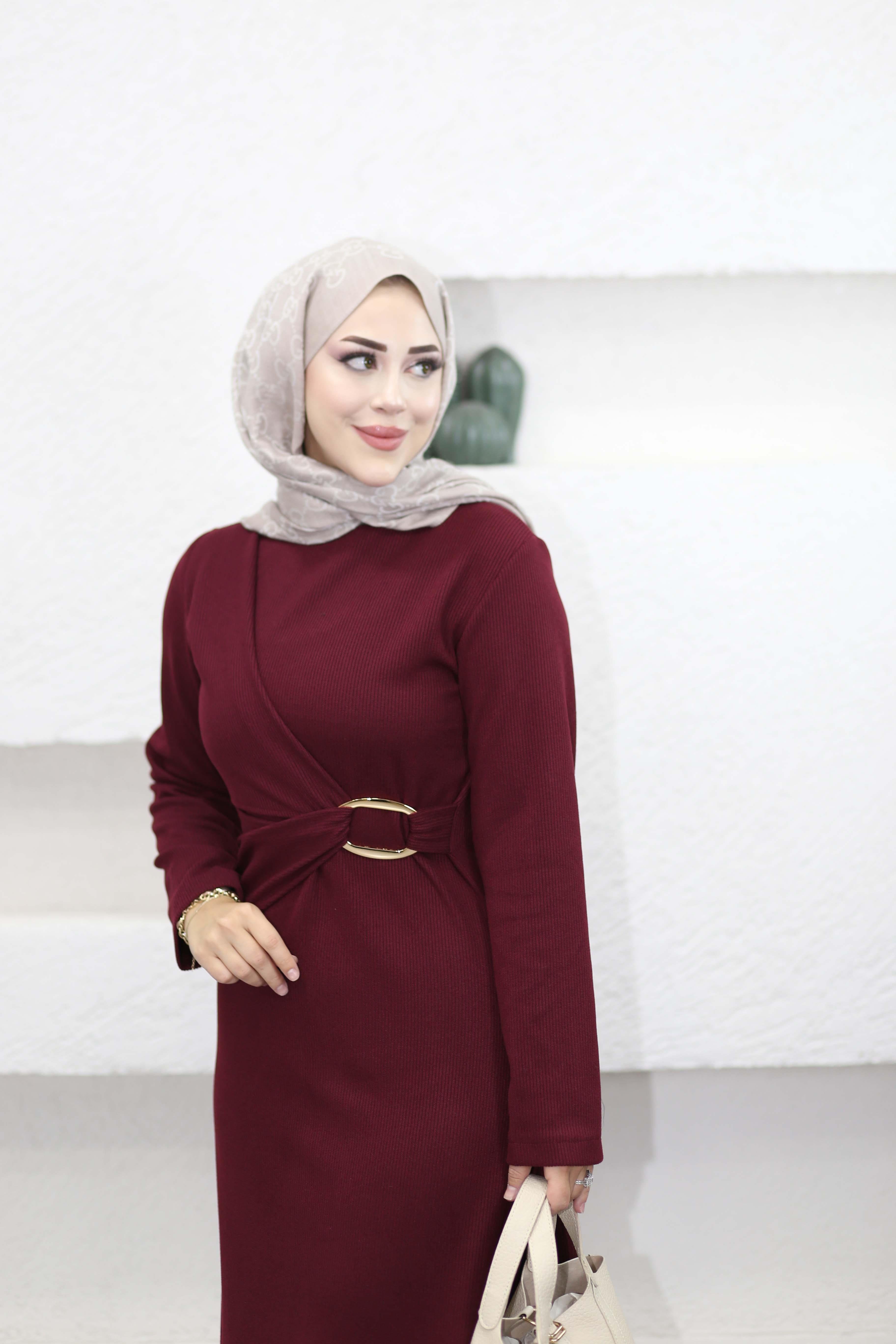 Fitilli Triko Tokalı Elbise Bordo 51249