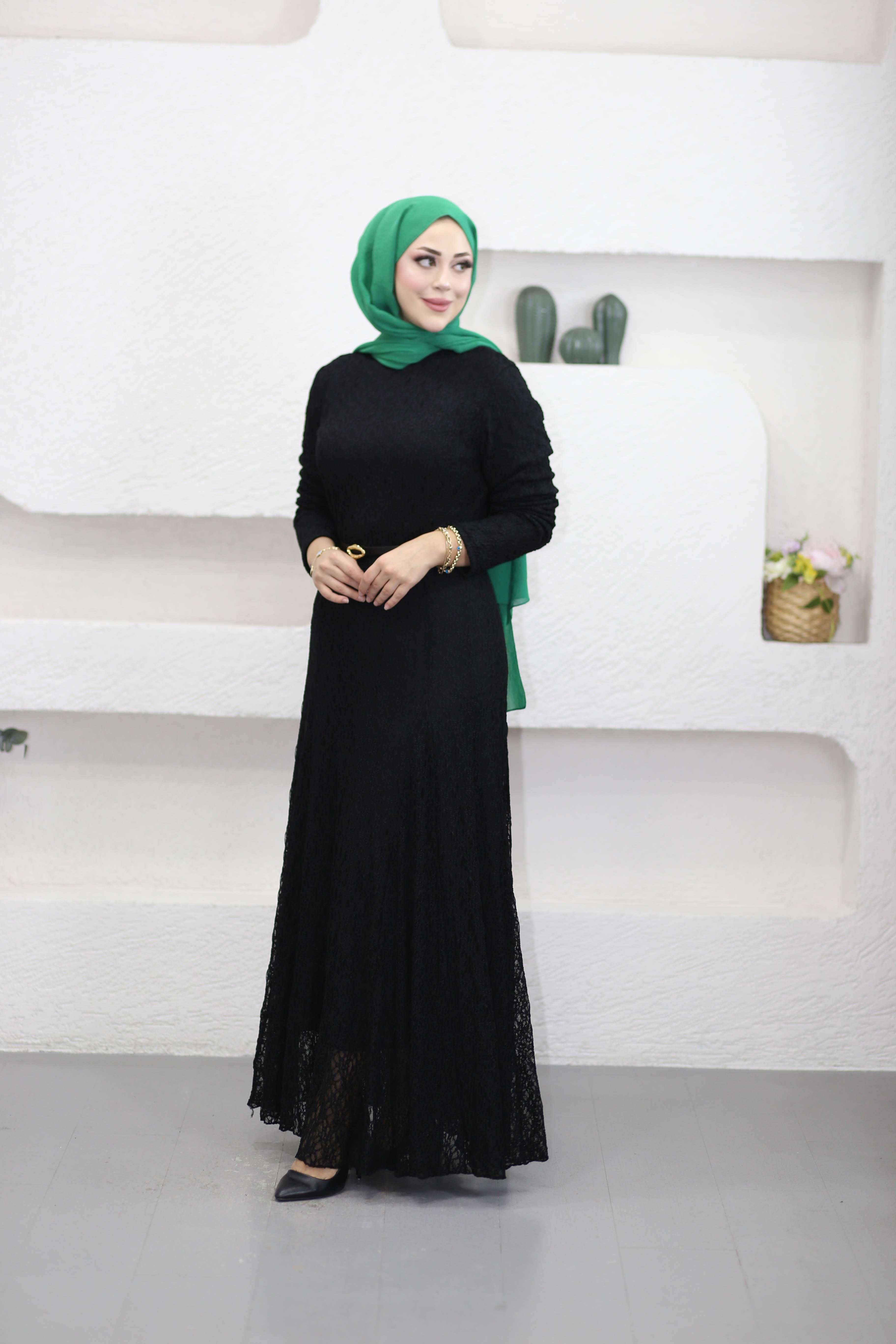 Kemerli Dantel Elbise Siyah 51246