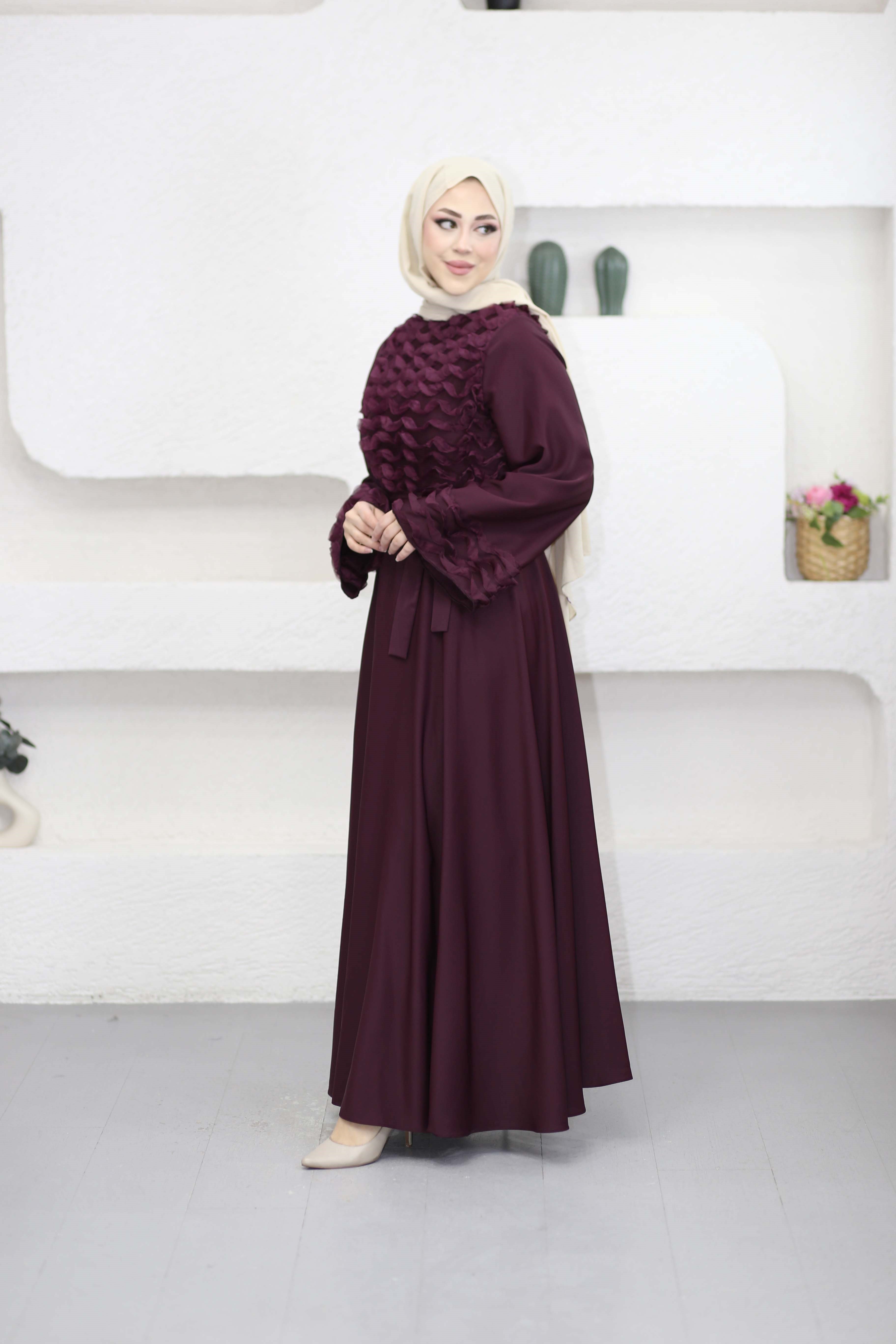 Güpür Dantel Detaylı Elbise Mürdüm 26088