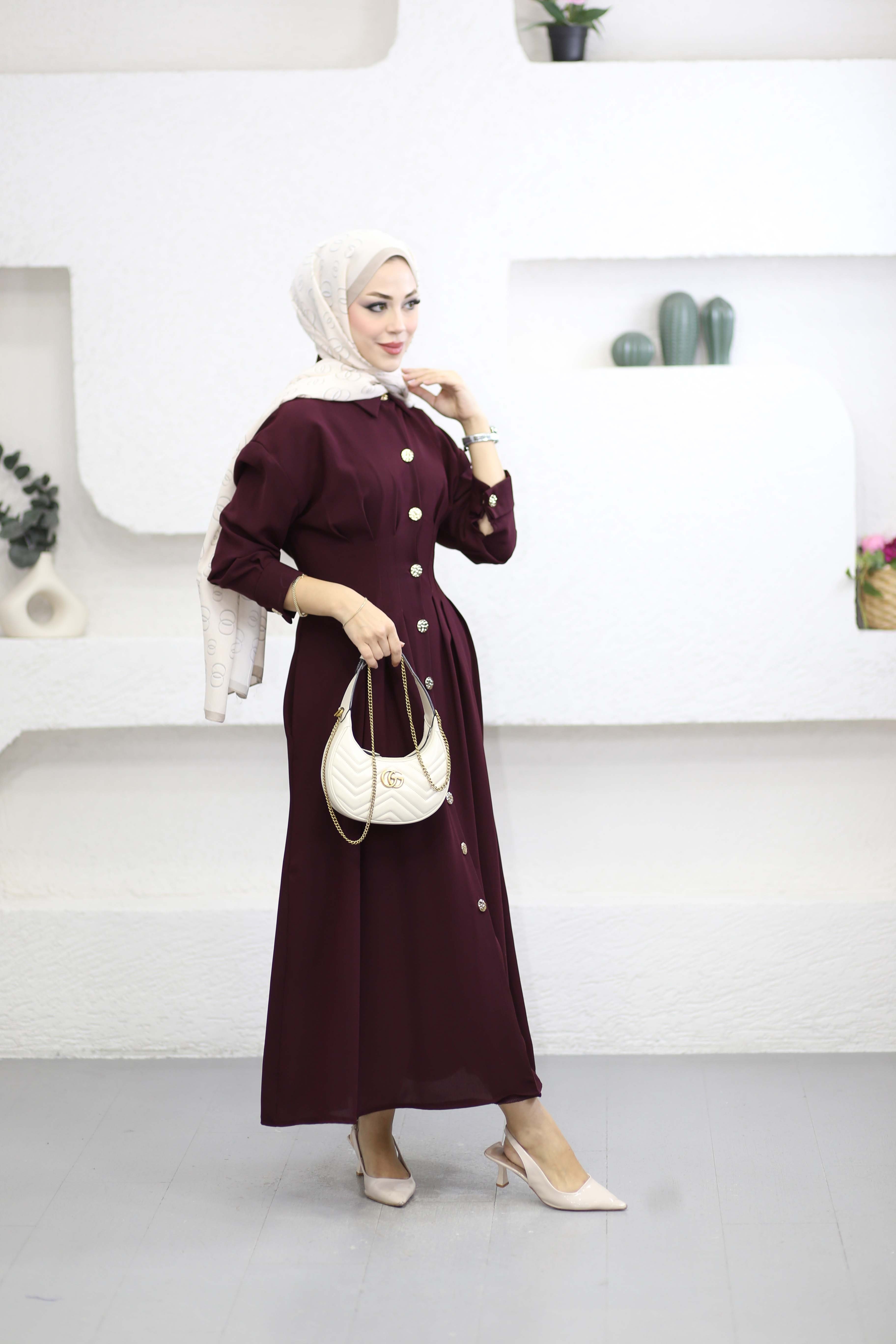 Bel Detaylı Ön Düğmeli Tencel Elbise Bordo 5509