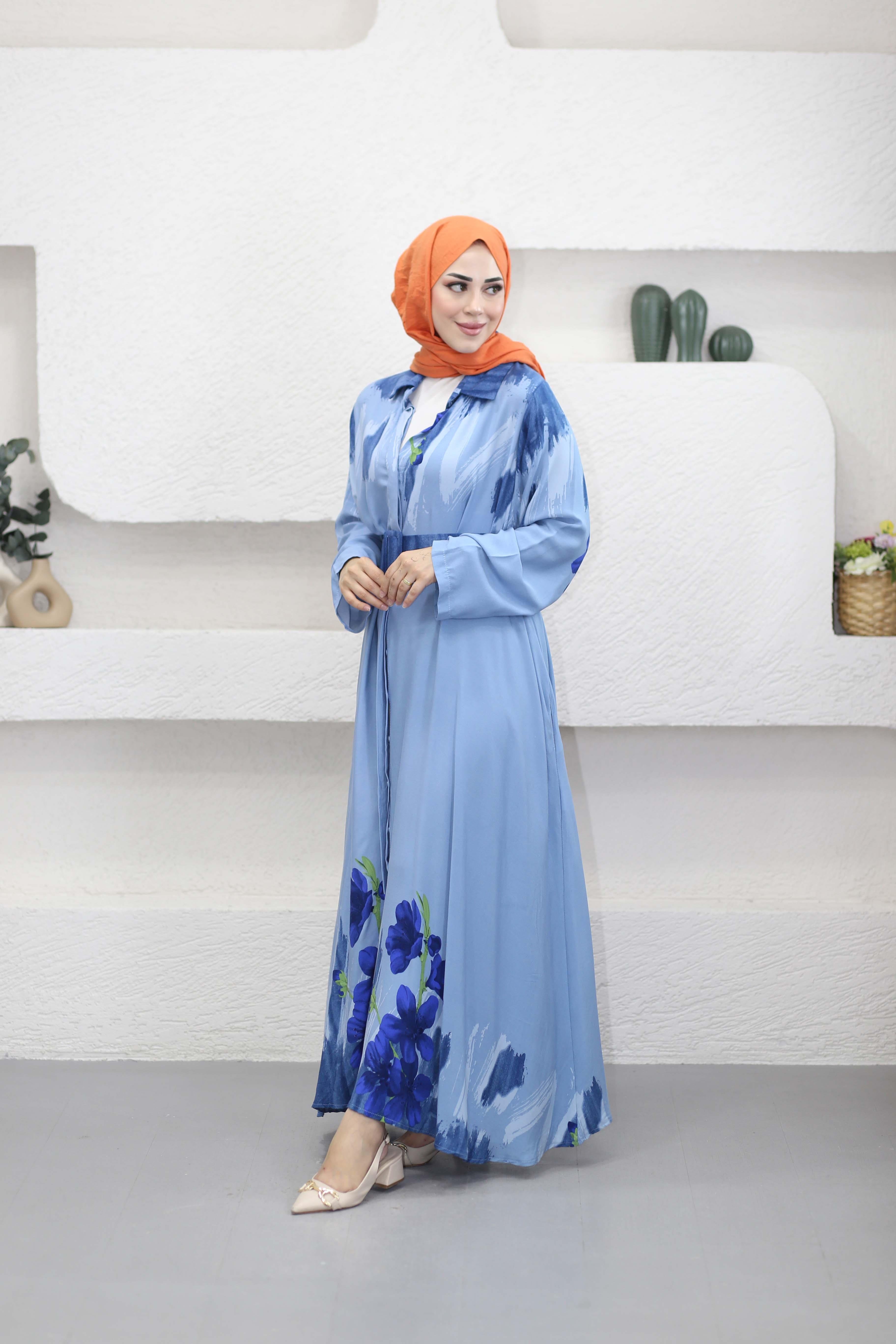 Tam Düğme Çiçekli Elbise Mavi 462